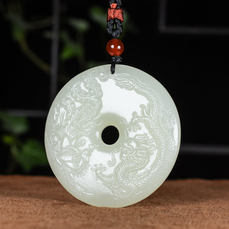 A0125 Chinese Natural White Hetian Jade Dragon Phoenix Pendant