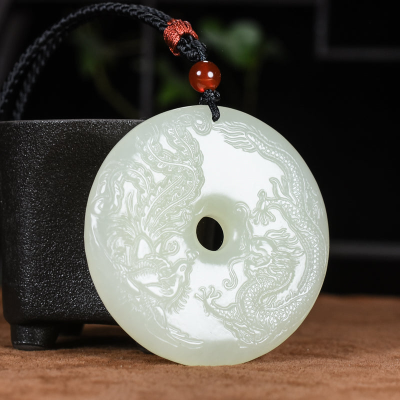 A0125 Chinese Natural White Hetian Jade Dragon Phoenix Pendant