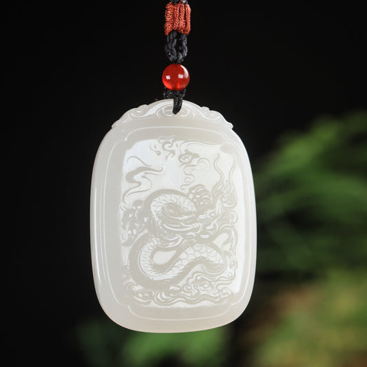 A0126 Chinese Natural White Hetian Jade Carved Fortune Dragon Pendant