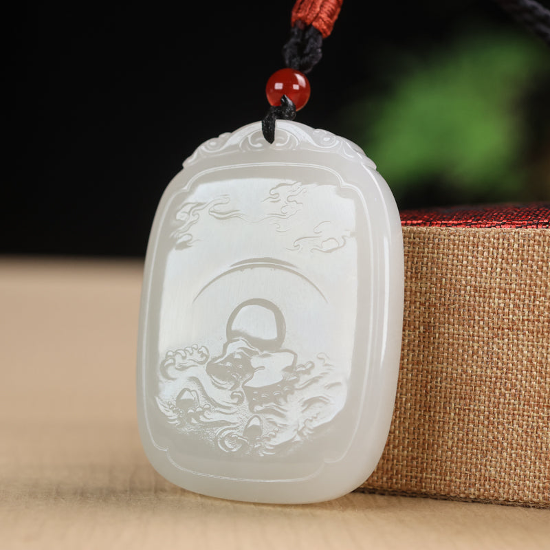 A0126 Chinese Natural White Hetian Jade Carved Fortune Dragon Pendant