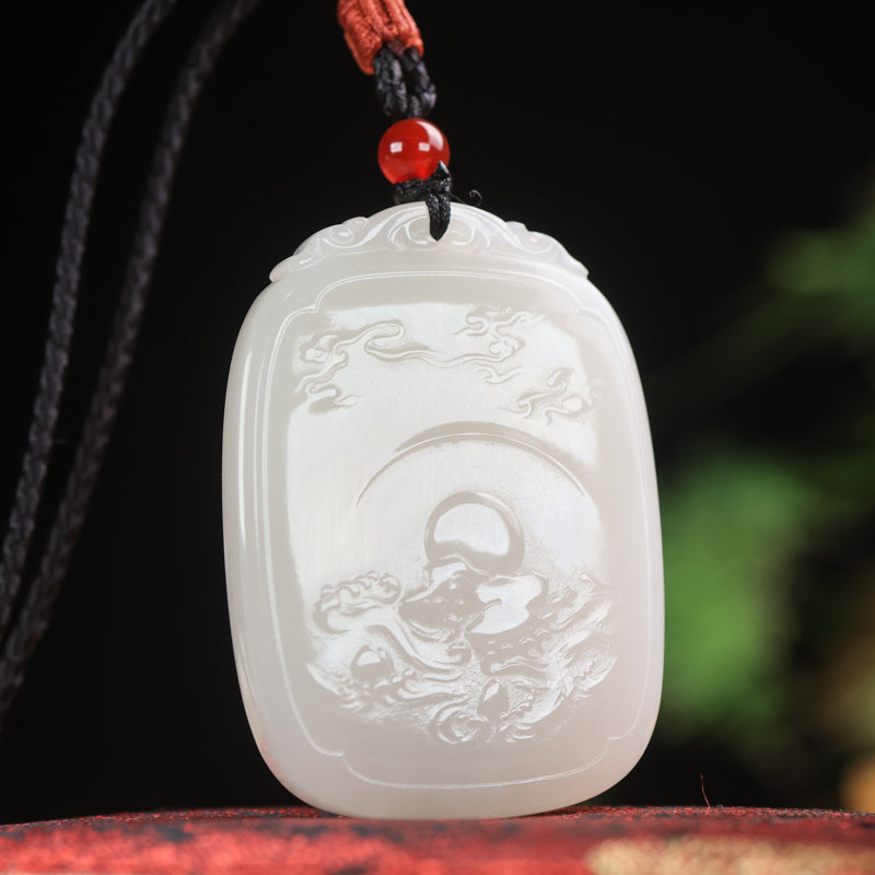 A0126 Chinese Natural White Hetian Jade Carved Fortune Dragon Pendant