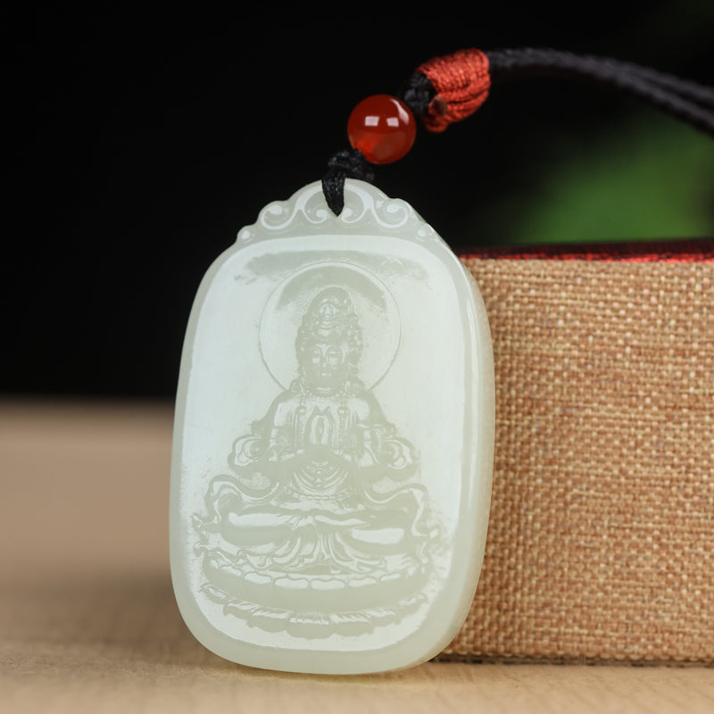 A0128 Chinese Natural White Hetian Jade Carved Kwan-yin Pendant