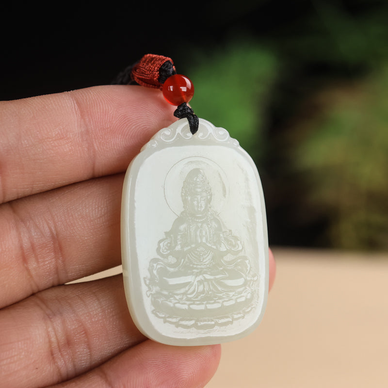 A0128 Chinese Natural White Hetian Jade Carved Kwan-yin Pendant