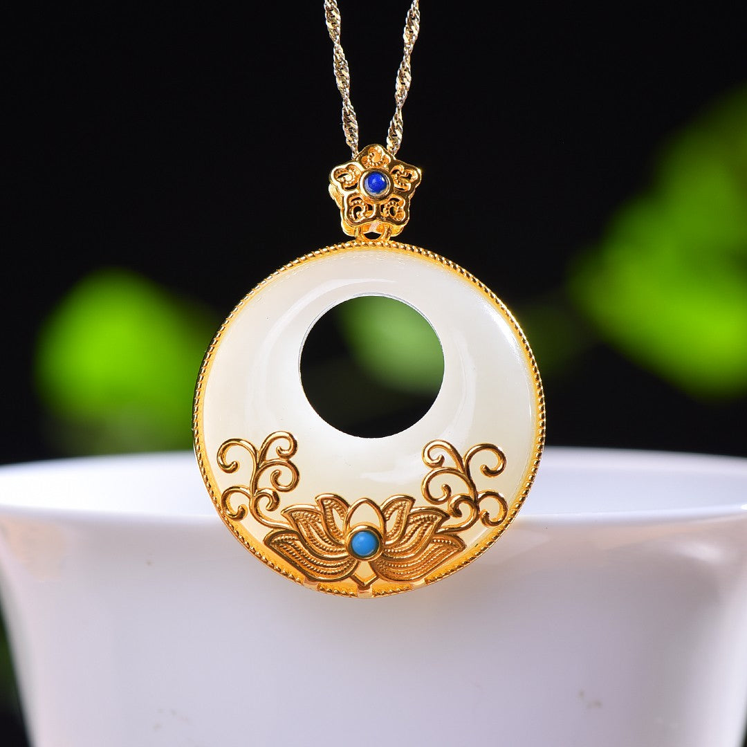 A0129 Exquisite Chinese Gilt Gold Silver Inlay White Hetian Jade Pendant