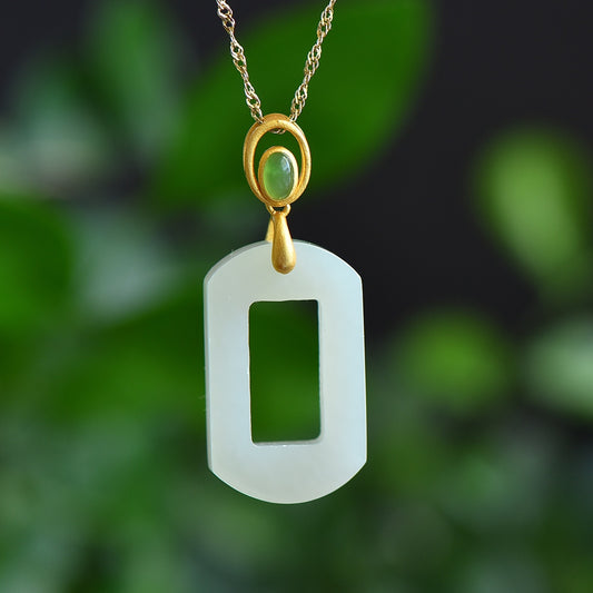 A0131 Chinese Gilt Gold Silver Inlay White Hetian Jade Pendant w Necklace