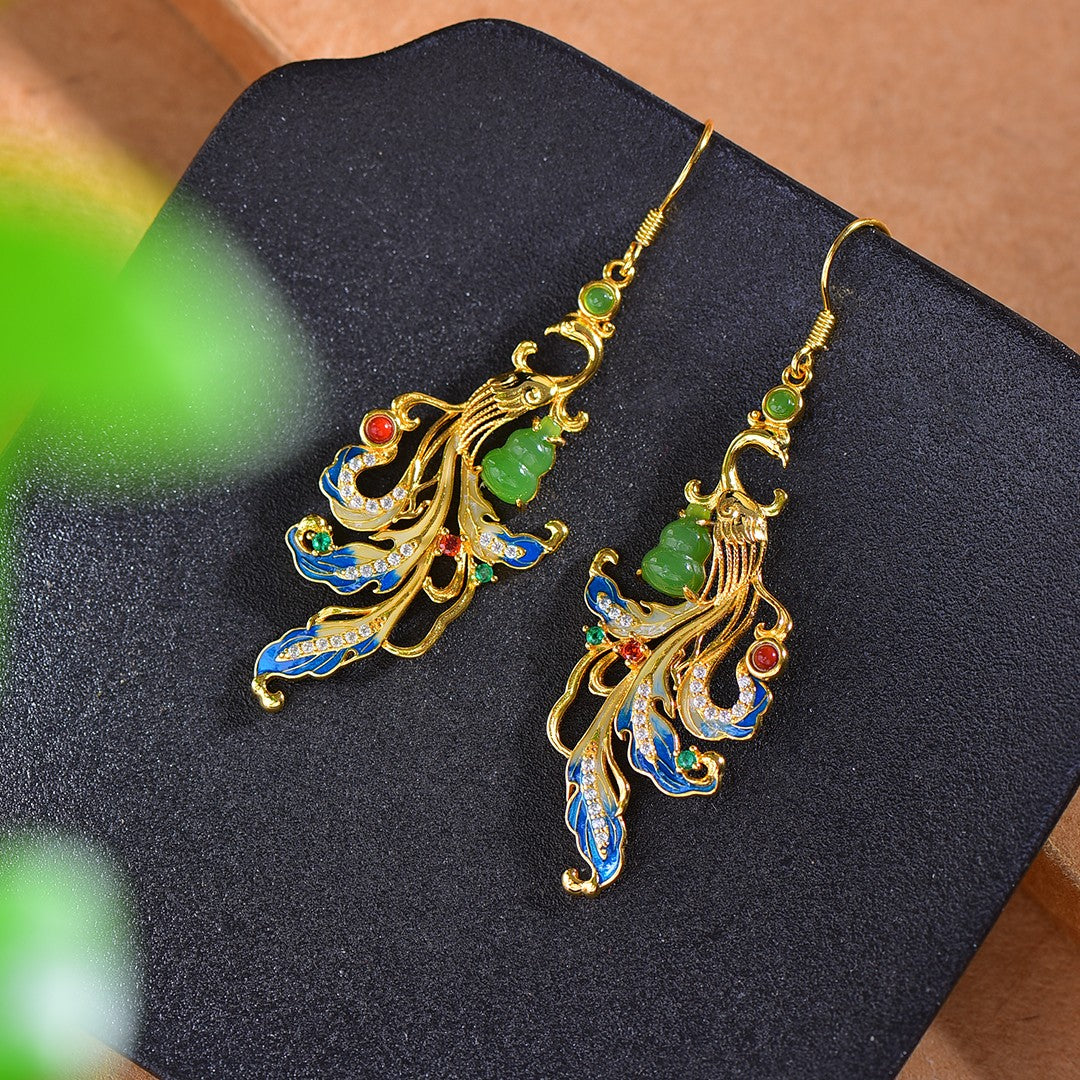 A0135 A Pair Chinese Gilt Gold Silver Enamel Inlay Green Jade Gourd Earrings