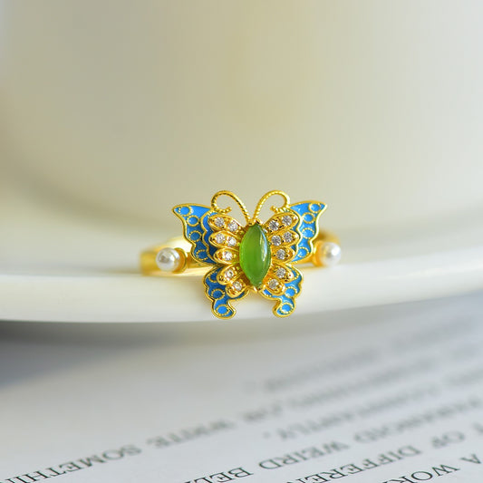 A0136 Chinese Gilt Gold Silver Inlay Green Hetian Jade Butterfly Ring