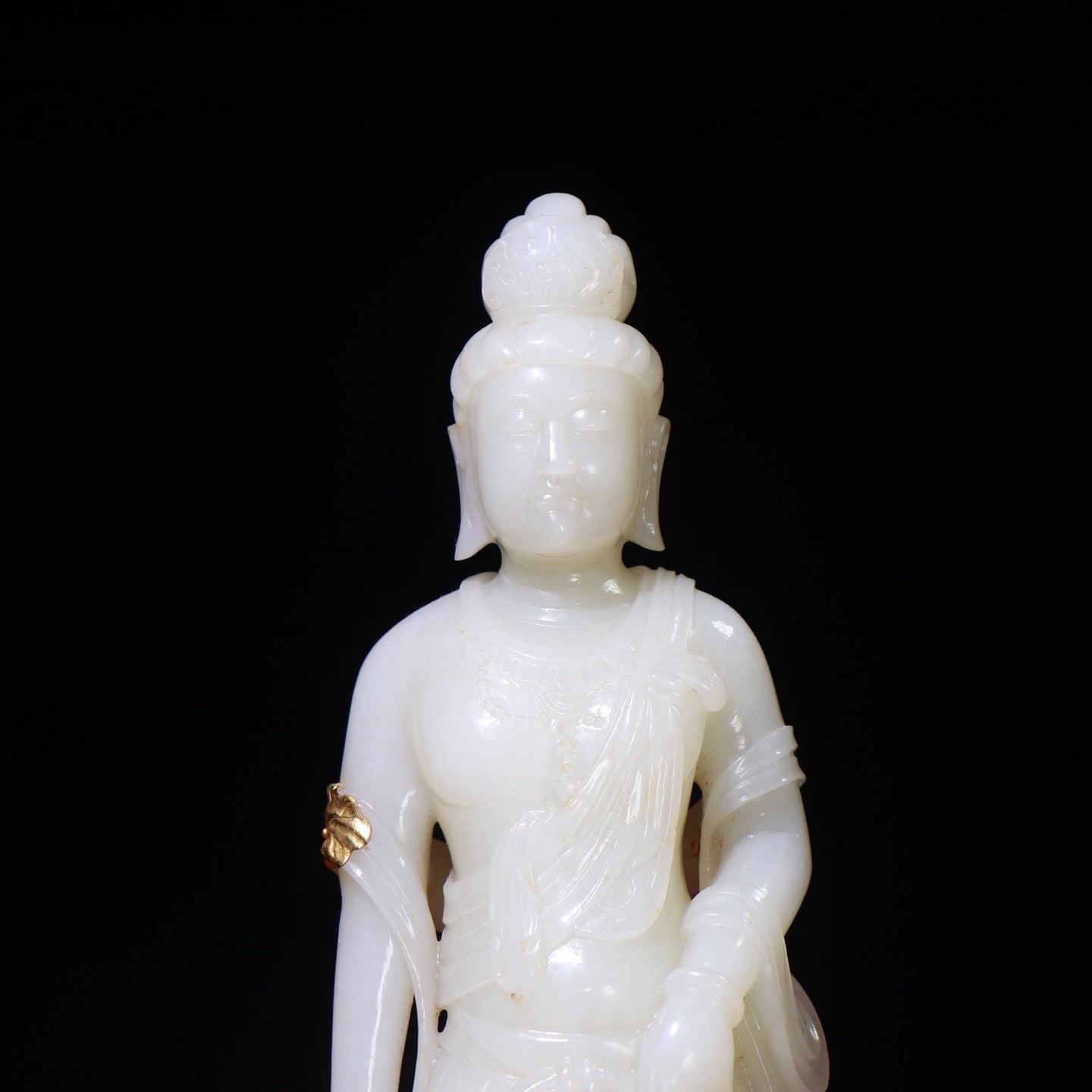 A0139 High Quality Chinese Gilt Gold Inlay White Hetian Jade Kwan-yin Statue