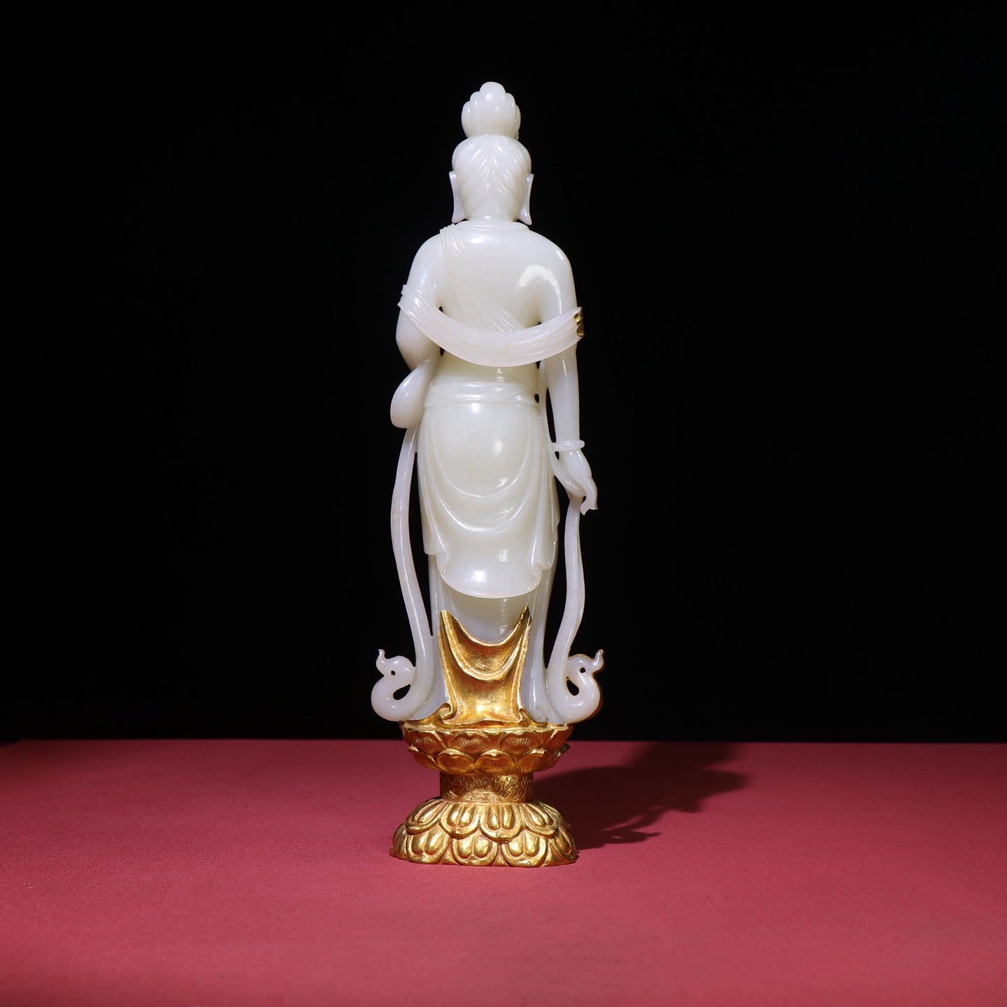 A0139 High Quality Chinese Gilt Gold Inlay White Hetian Jade Kwan-yin Statue