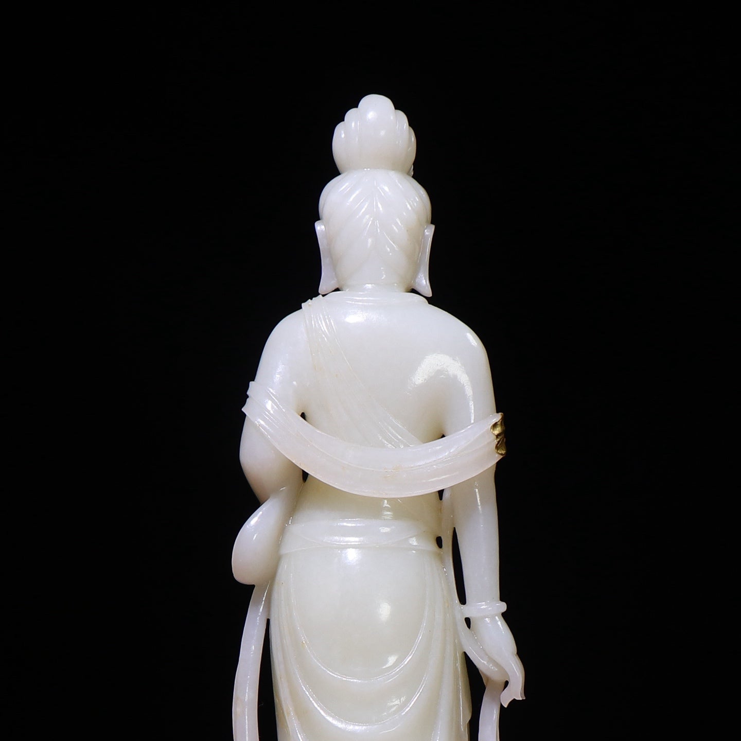 A0139 High Quality Chinese Gilt Gold Inlay White Hetian Jade Kwan-yin Statue