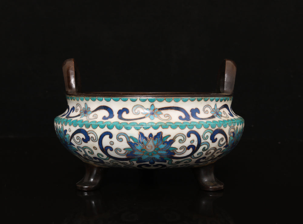 A0141 Vintage Chinese Bronze Cloisonne Flower Design Double Ears 3 Legs Incense Burner