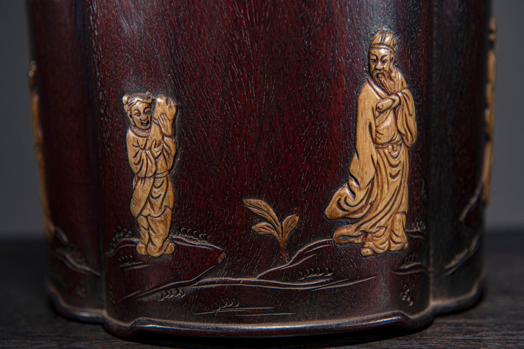 A0143 Vintage Chinese Zitan Wood Inlay Bone Figure Design Brush Pot