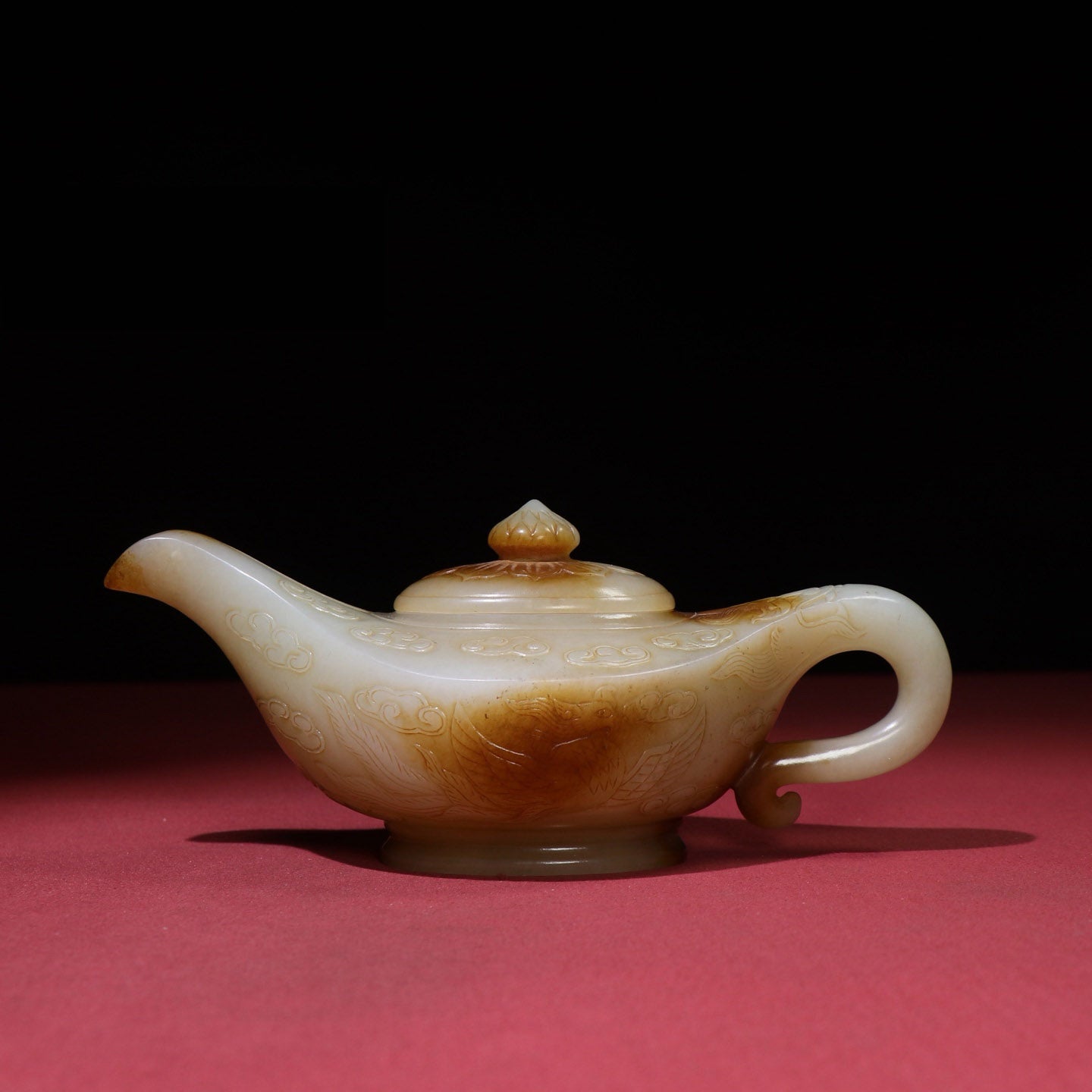 A0144 Vintage Chinese Hetian Jade Low Relief Phoenix Design Teapot