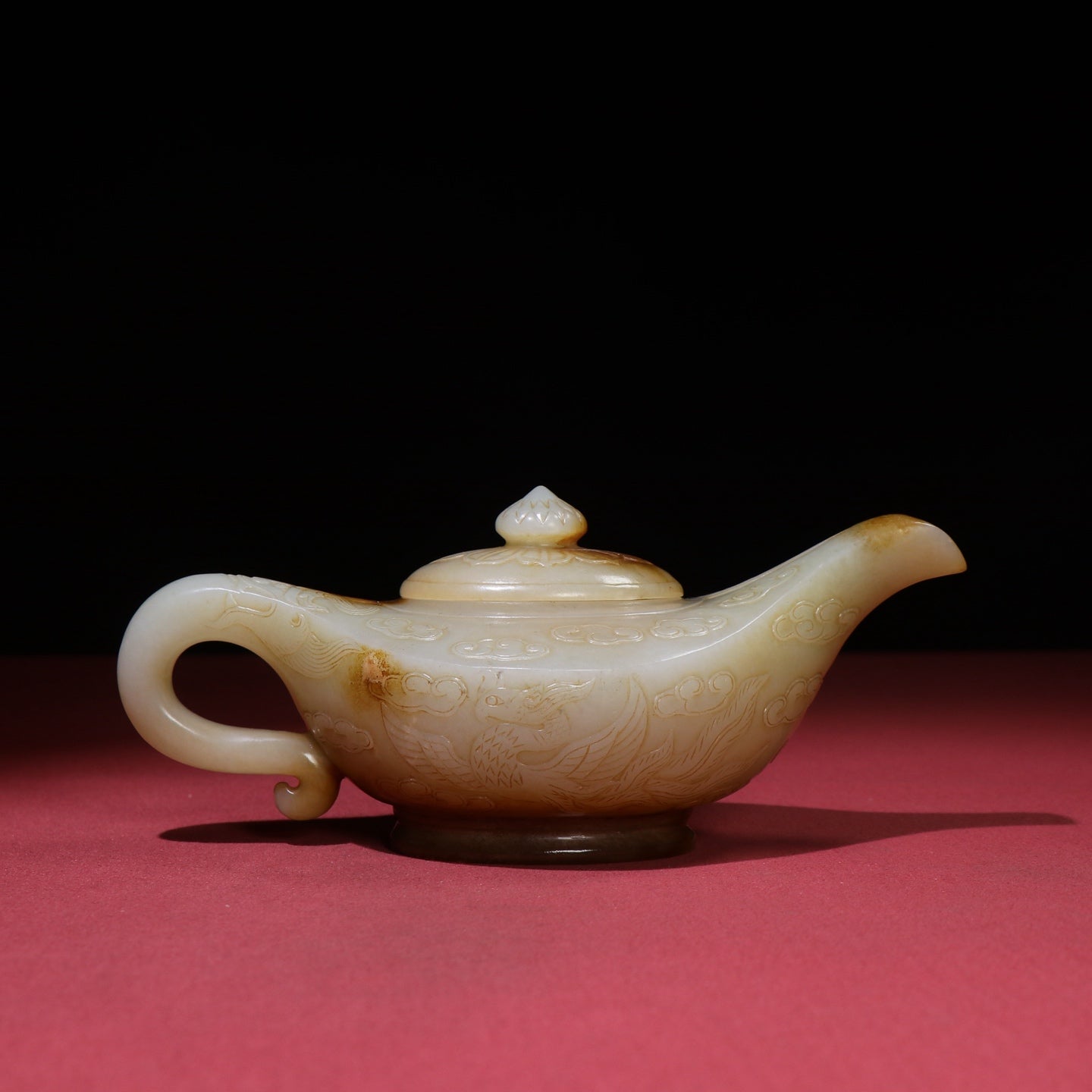 A0144 Vintage Chinese Hetian Jade Low Relief Phoenix Design Teapot