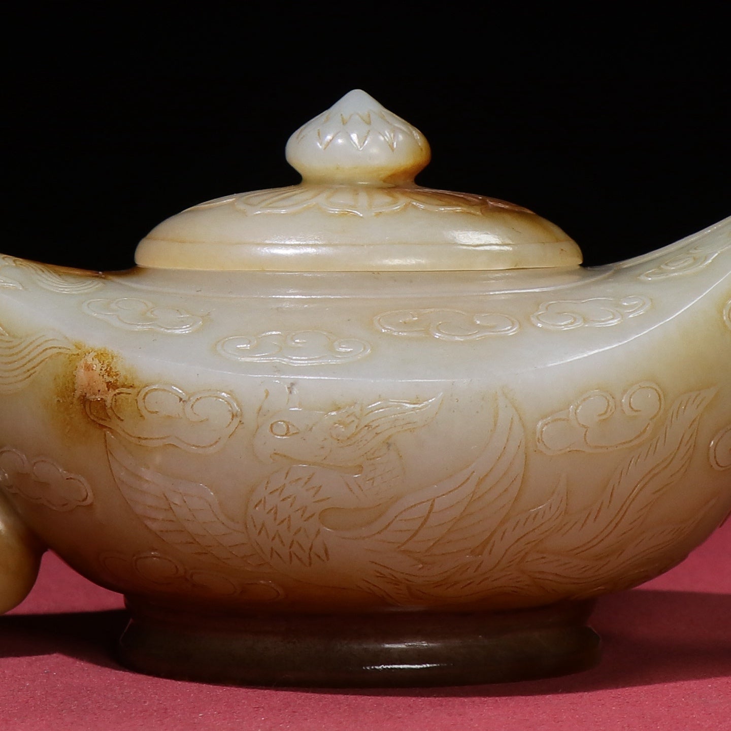 A0144 Vintage Chinese Hetian Jade Low Relief Phoenix Design Teapot