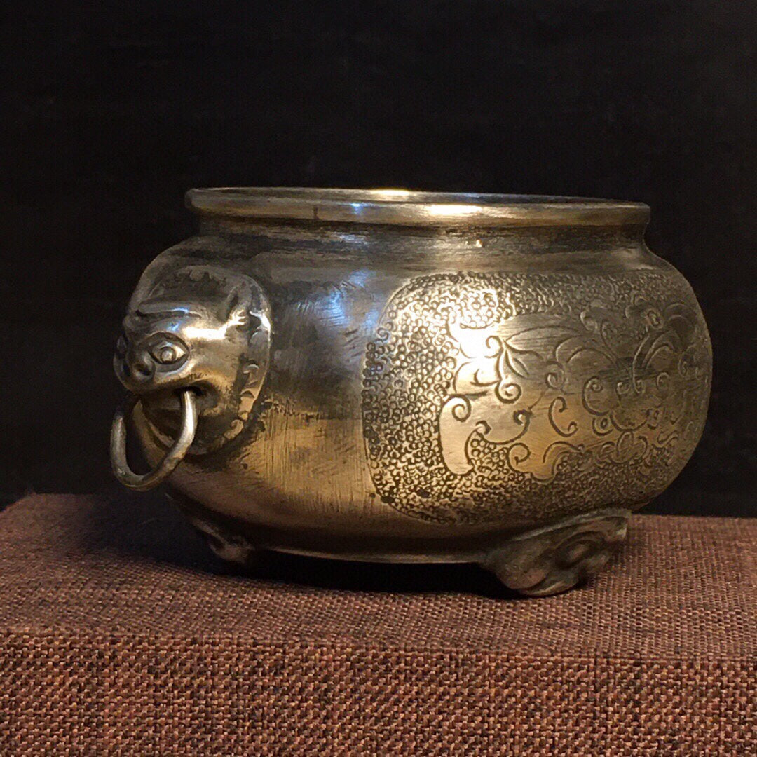 A0146 Vintage Chinese Pure Silver Beast Head Double Rings Incense Burner