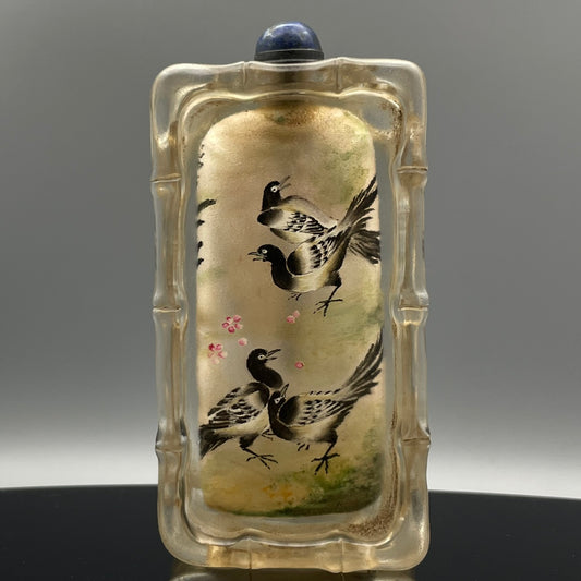 A0149 Old Chinese Peking Glass Inside Painting Bird Design Snuff Bottle w Lapis Lazuli Stopper