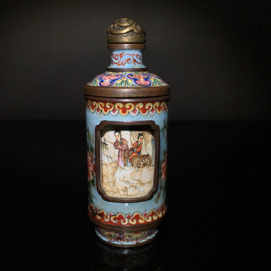 A0150 Vintage Chinese Bronze Enamel Figure & Flower Design Snuff Bottle