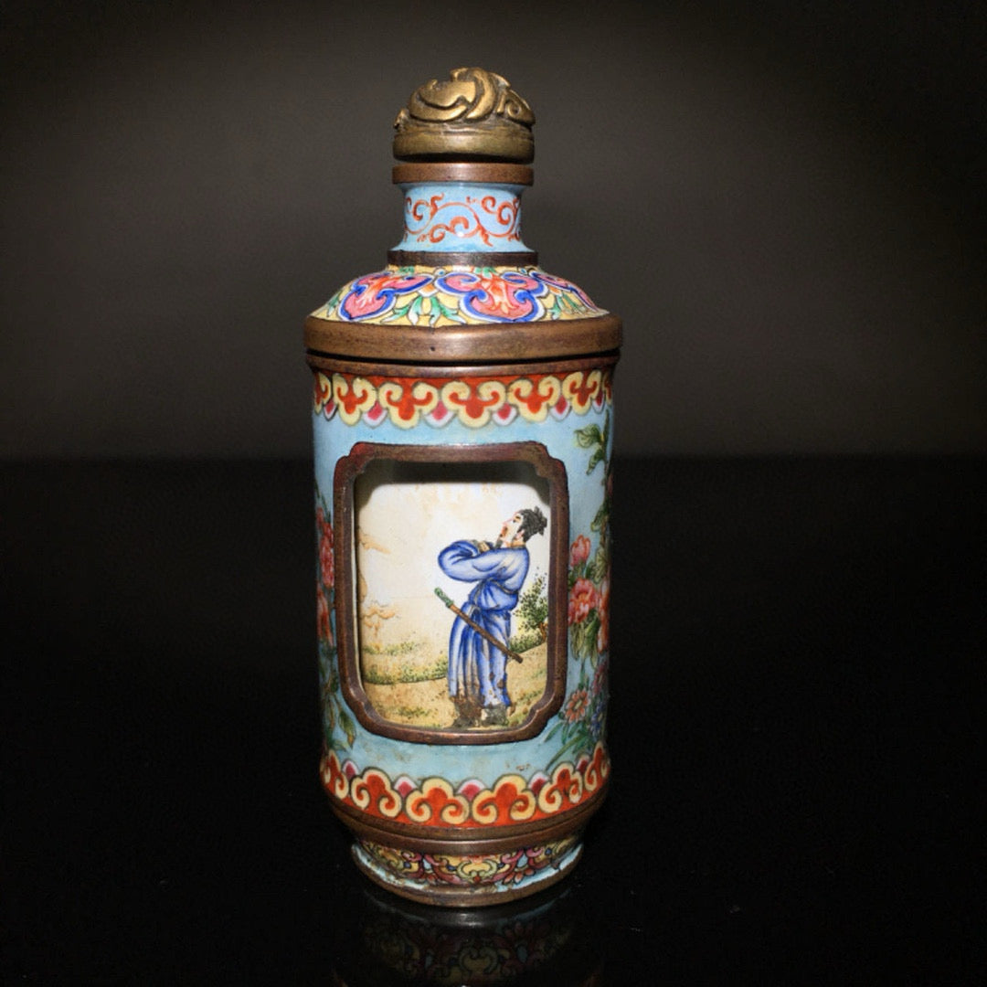 A0150 Vintage Chinese Bronze Enamel Figure & Flower Design Snuff Bottle