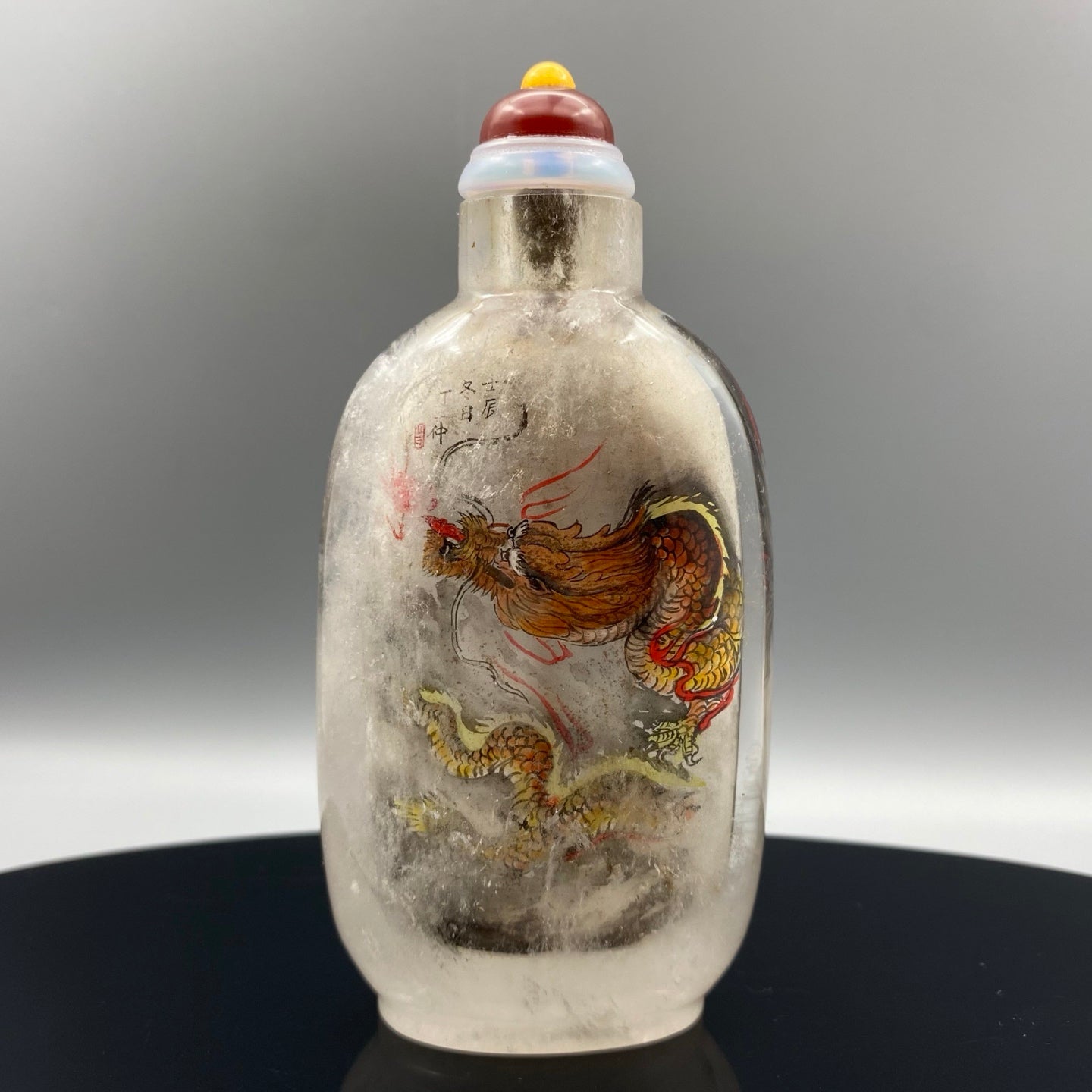 A0151 Vintage Chinese Crystal Inside Painting Fortune Dragon Design Snuff Bottle