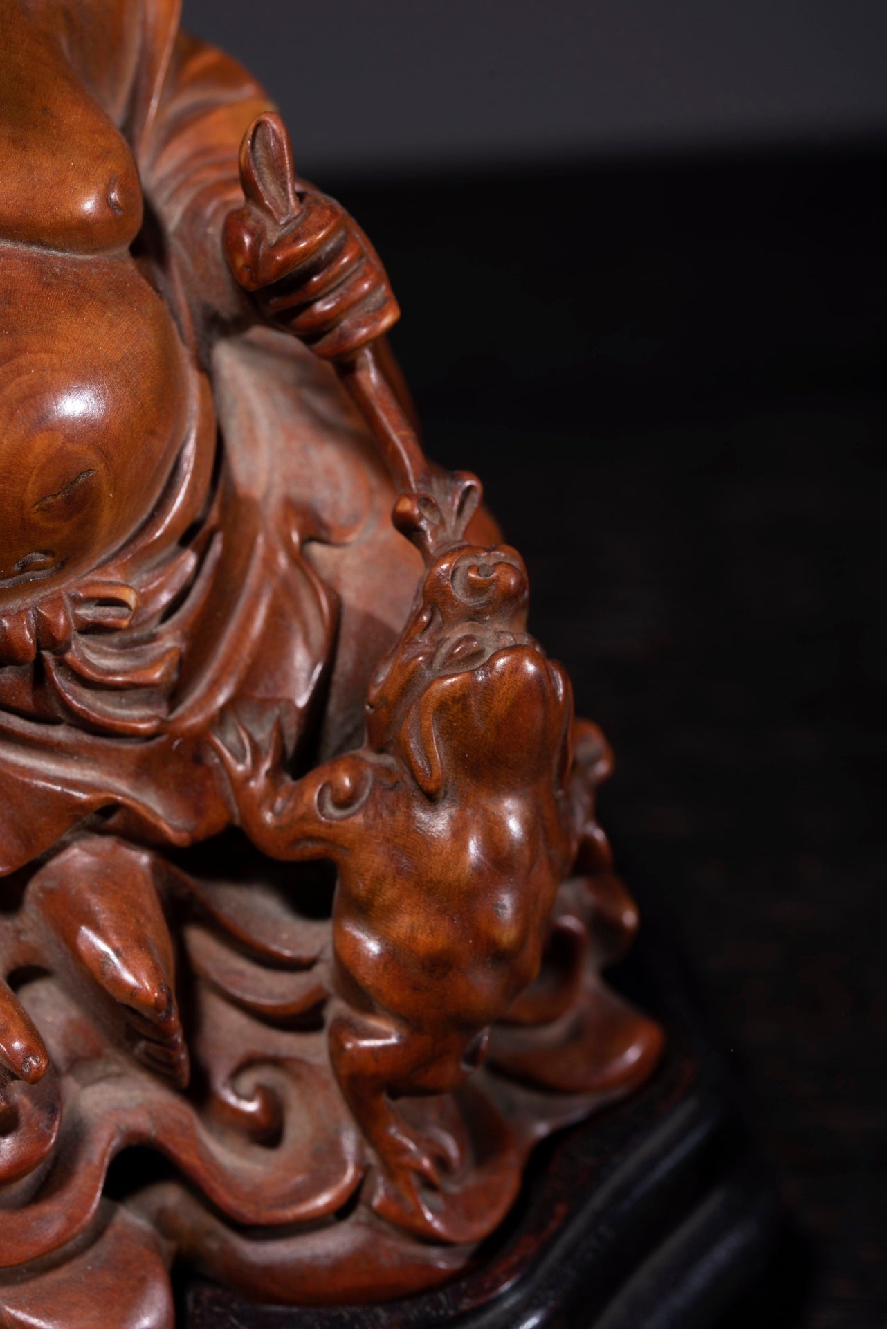 A0156 Vintage Chinese Boxwood Wood Carved Liuhai Taolism Deity & Toad Incense Burner