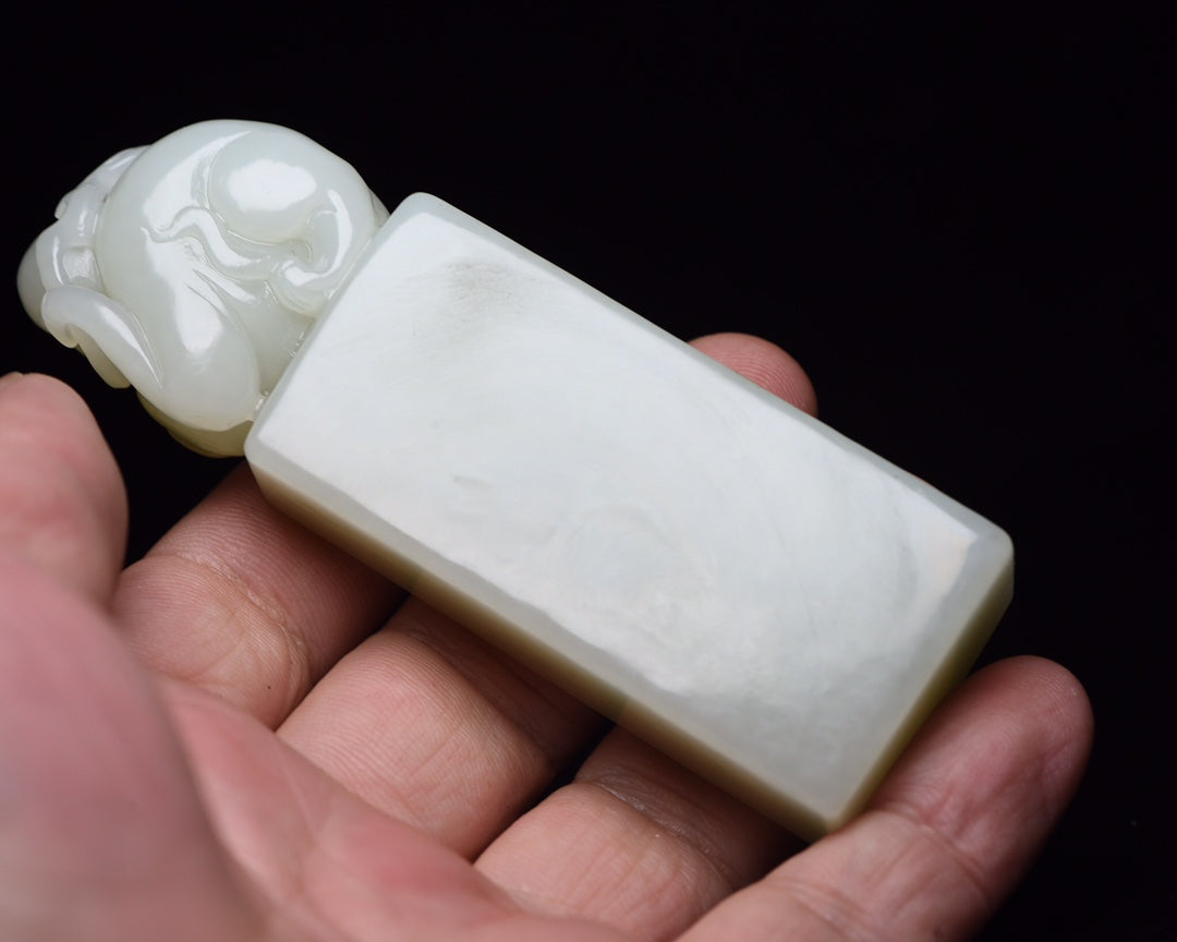 A0158 Chinese Natural White Hetian Jade Carved Monkey & Peach Seal