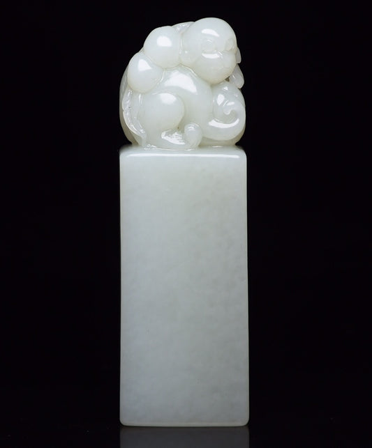 A0158 Chinese Natural White Hetian Jade Carved Monkey & Peach Seal