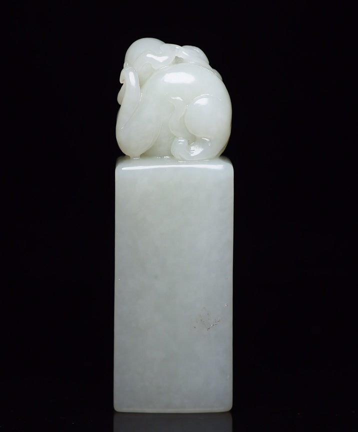 A0158 Chinese Natural White Hetian Jade Carved Monkey & Peach Seal