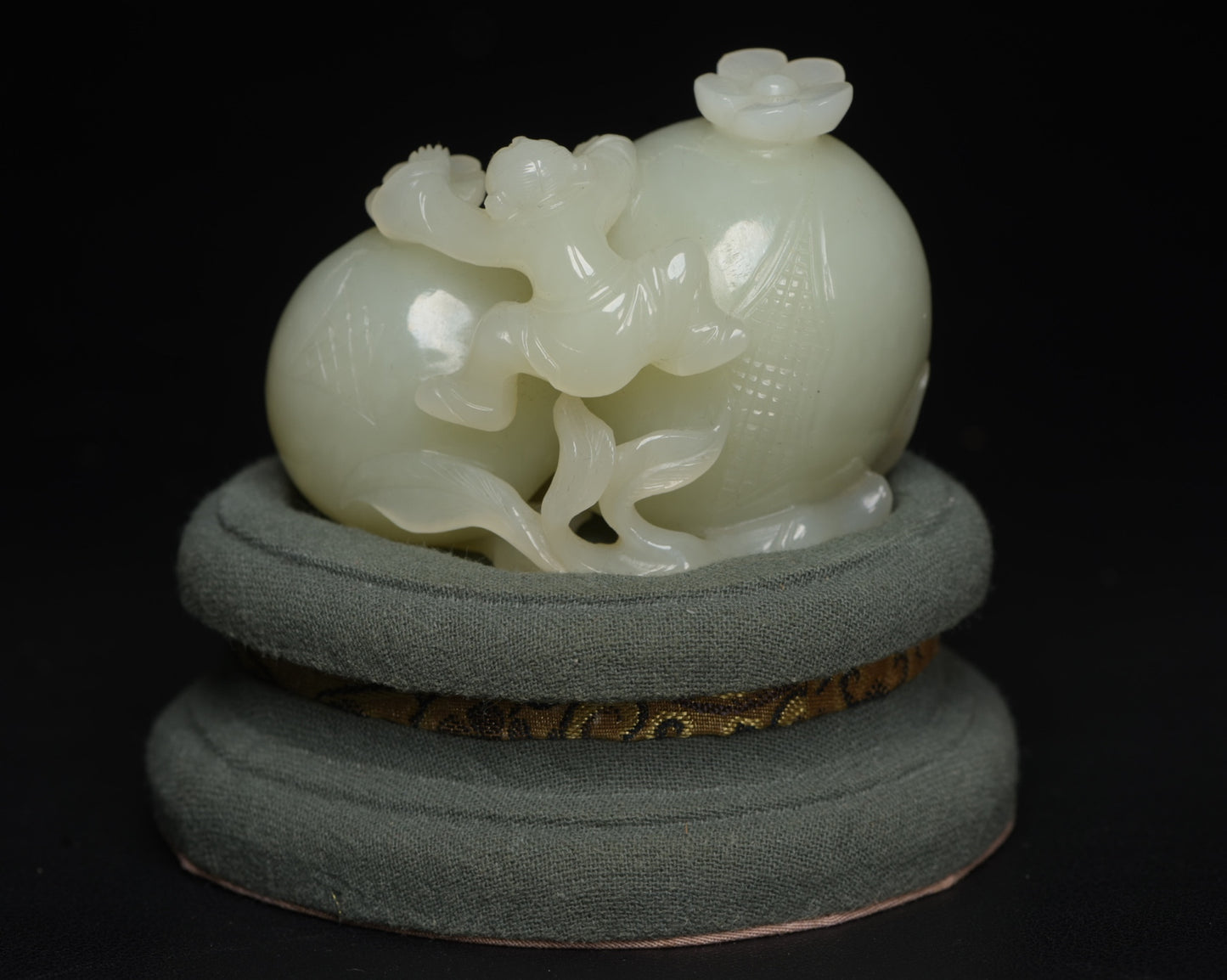 A0159 Natural Hetian Jade Carved Kid & Pomegranate Statue w Box