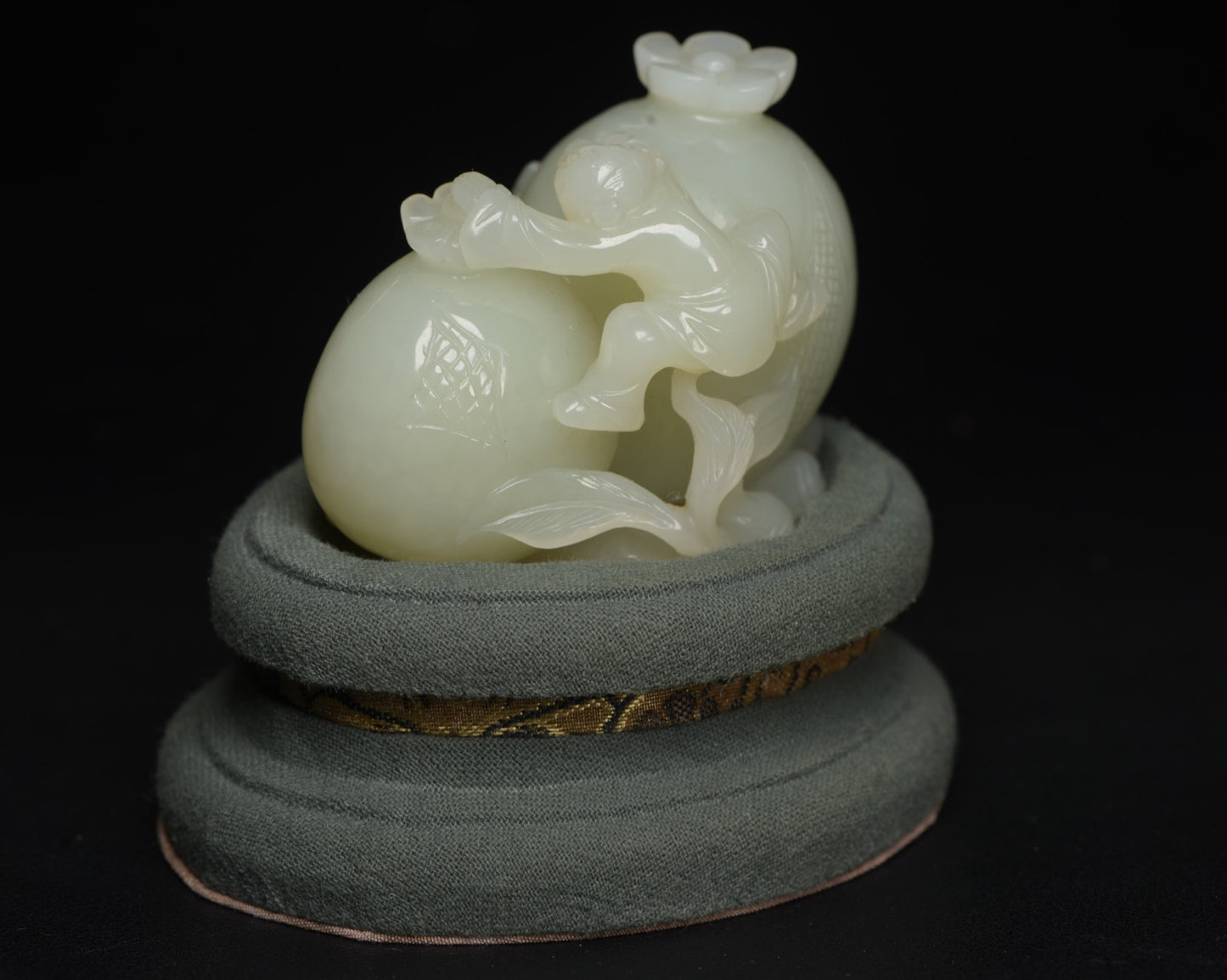 A0159 Natural Hetian Jade Carved Kid & Pomegranate Statue w Box