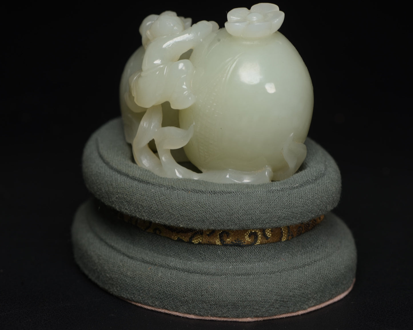 A0159 Natural Hetian Jade Carved Kid & Pomegranate Statue w Box