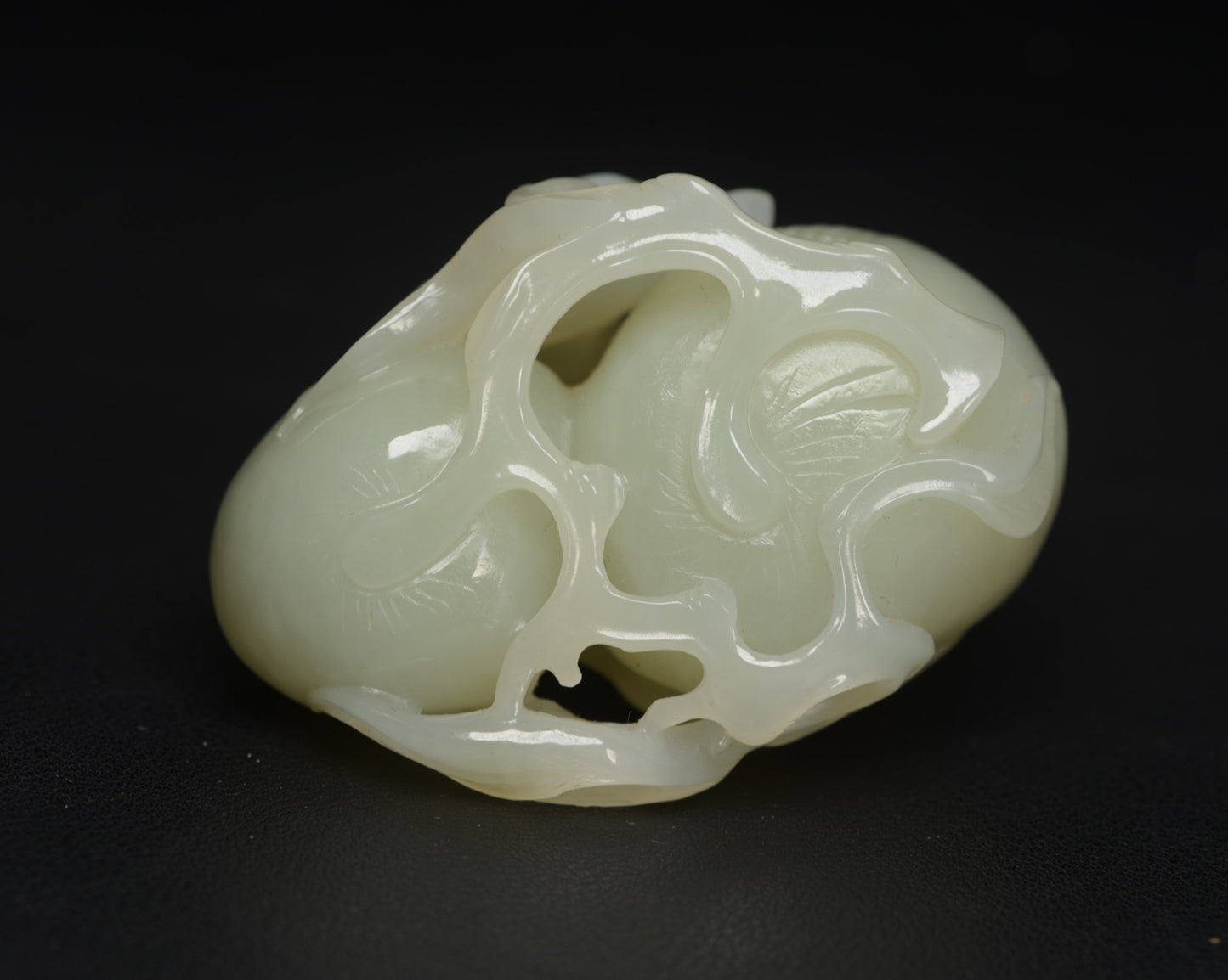 A0159 Natural Hetian Jade Carved Kid & Pomegranate Statue w Box