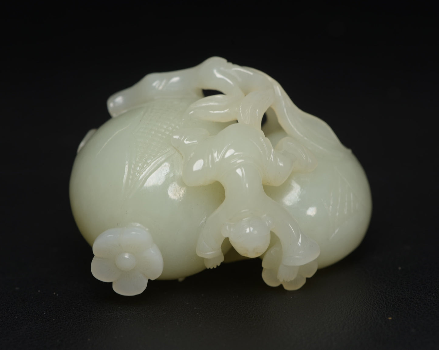 A0159 Natural Hetian Jade Carved Kid & Pomegranate Statue w Box