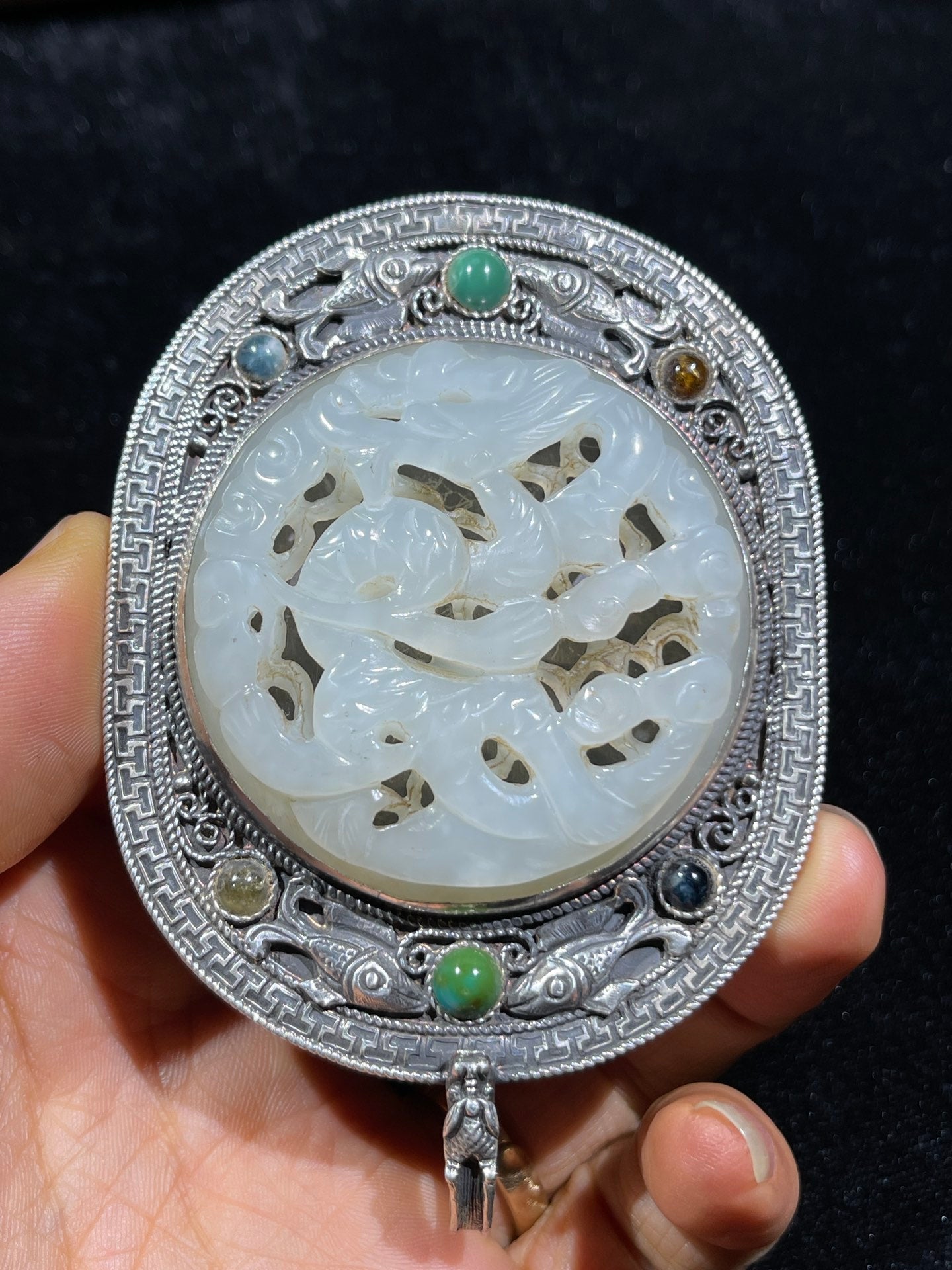 A0161 Old Chinese Pure Silver Inlay Gem & Hetian Jade Fortune Dragon Belt Buckle