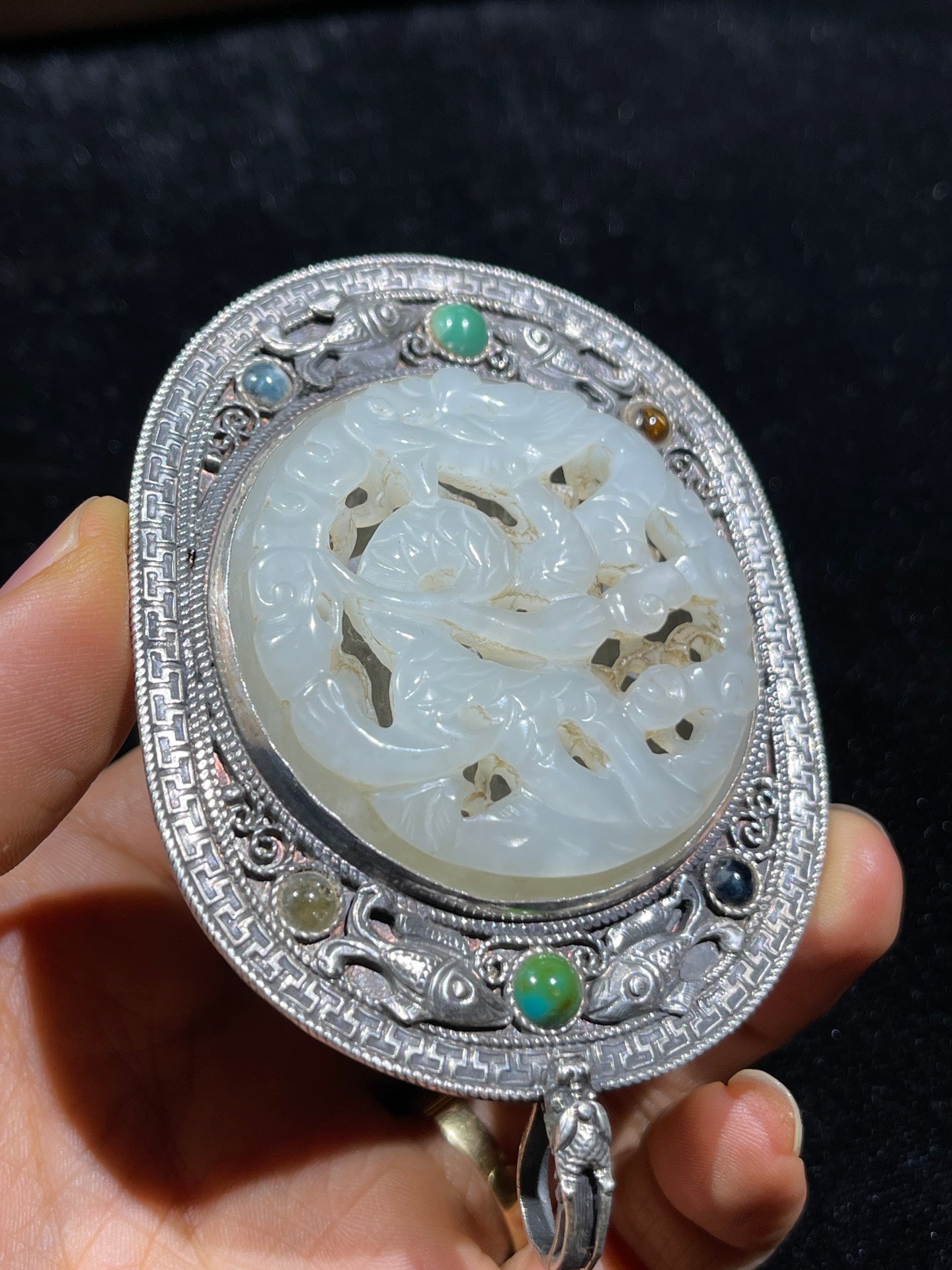 A0161 Old Chinese Pure Silver Inlay Gem & Hetian Jade Fortune Dragon Belt Buckle