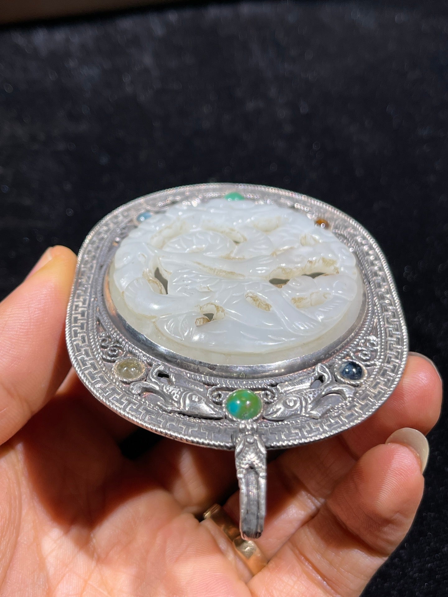 A0161 Old Chinese Pure Silver Inlay Gem & Hetian Jade Fortune Dragon Belt Buckle