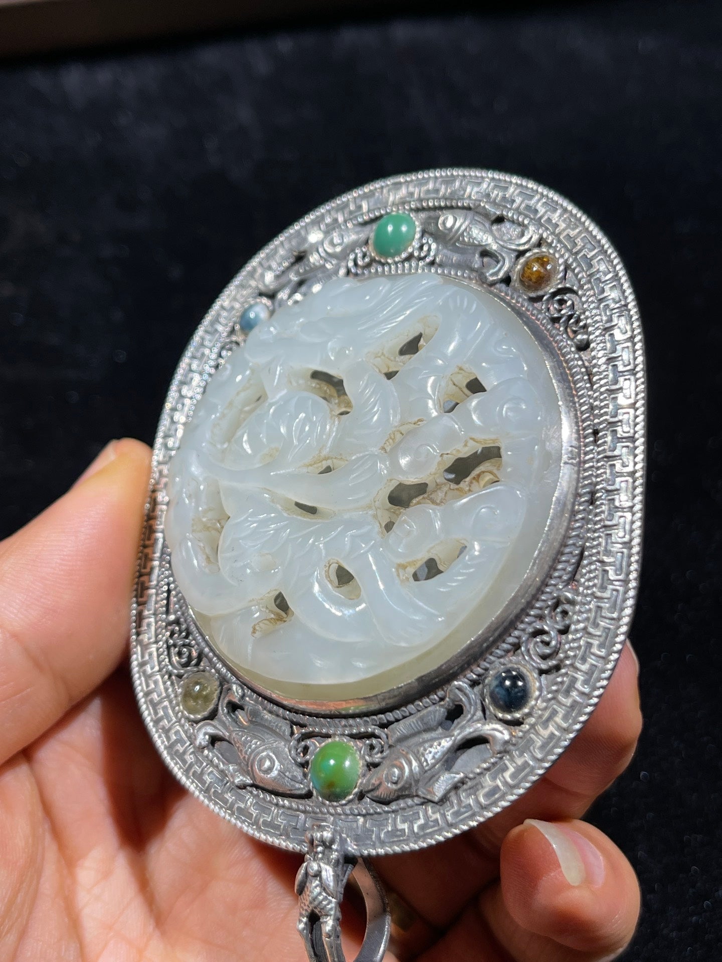 A0161 Old Chinese Pure Silver Inlay Gem & Hetian Jade Fortune Dragon Belt Buckle