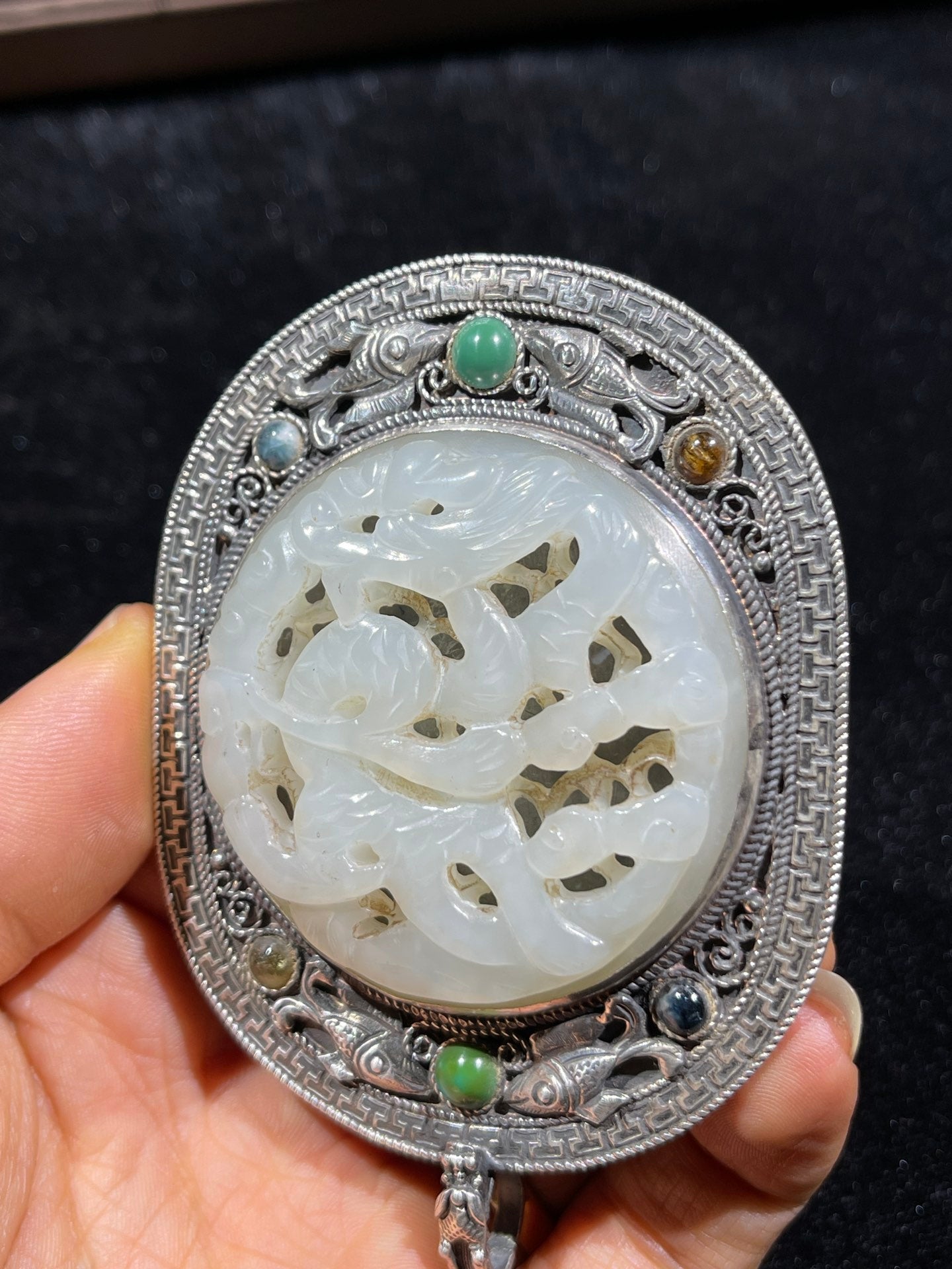 A0161 Old Chinese Pure Silver Inlay Gem & Hetian Jade Fortune Dragon Belt Buckle