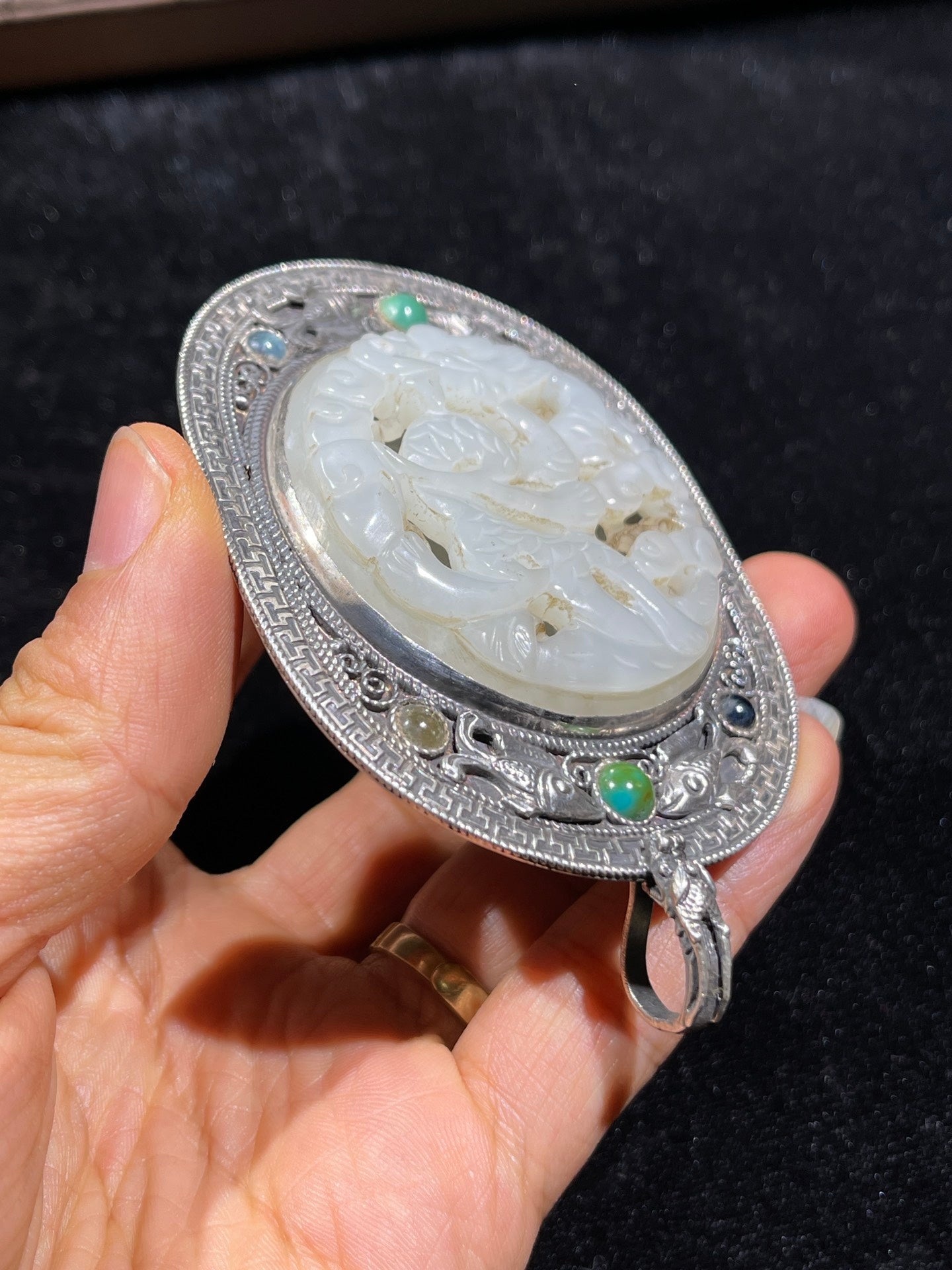 A0161 Old Chinese Pure Silver Inlay Gem & Hetian Jade Fortune Dragon Belt Buckle