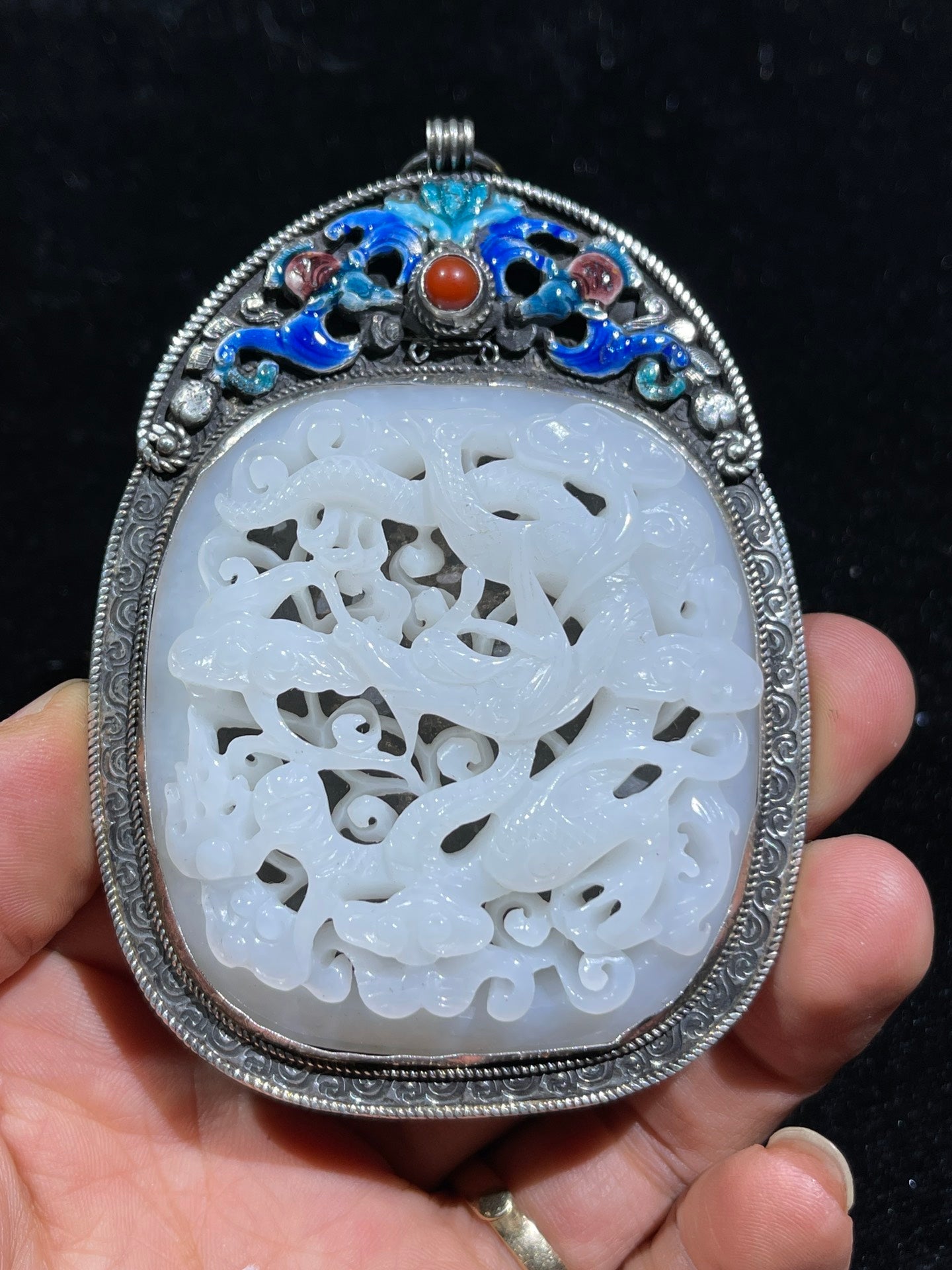 A0162 Openwork Vintage Chinese Pure Silver Enamel Inlay White Hetian Jade Dragon Pendant