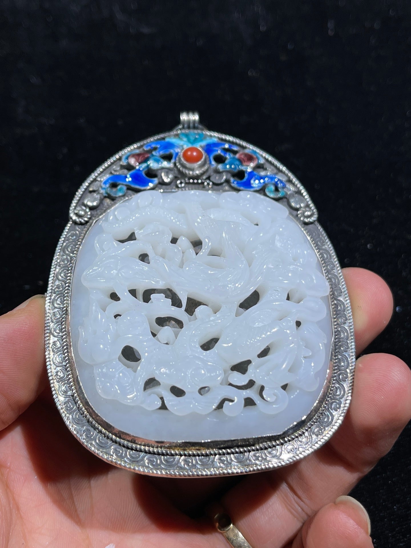 A0162 Openwork Vintage Chinese Pure Silver Enamel Inlay White Hetian Jade Dragon Pendant