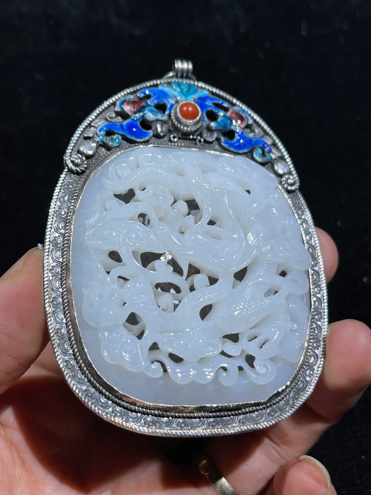 A0162 Openwork Vintage Chinese Pure Silver Enamel Inlay White Hetian Jade Dragon Pendant