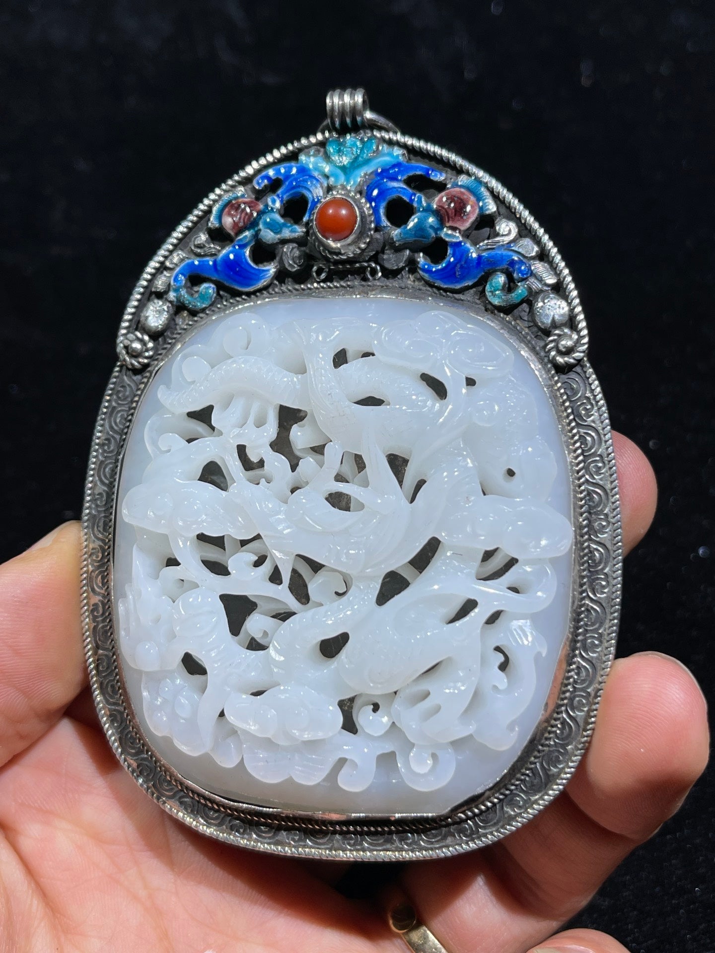 A0162 Openwork Vintage Chinese Pure Silver Enamel Inlay White Hetian Jade Dragon Pendant