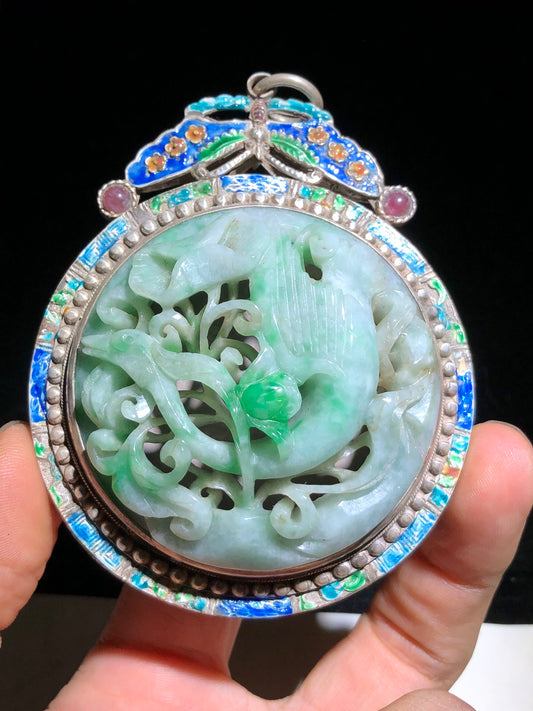 A0163 Openwork Vintage Chinese Pure Silver Enamel Inlay Green Jadeite Crane & Flower Pendant