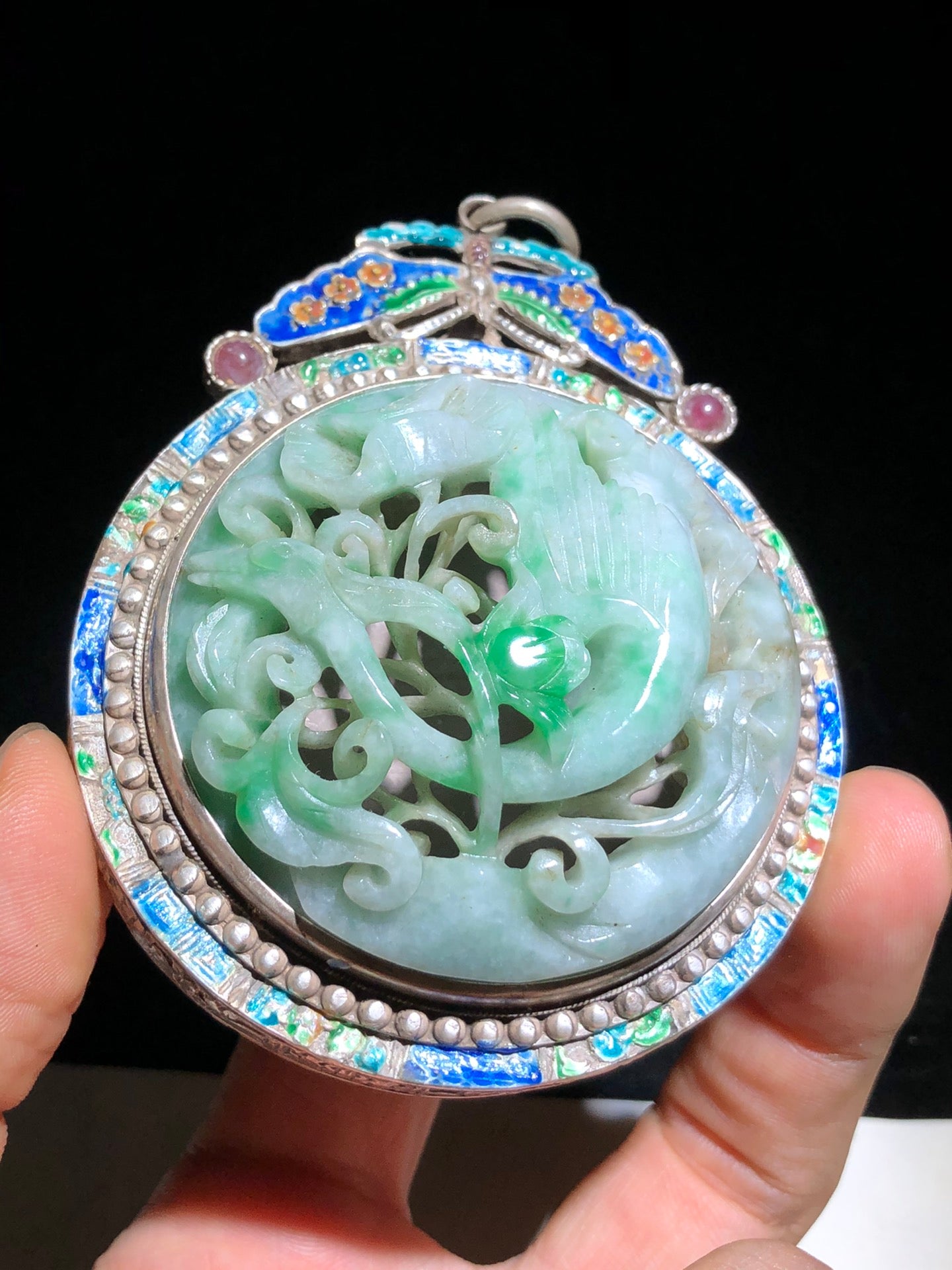 A0163 Openwork Vintage Chinese Pure Silver Enamel Inlay Green Jadeite Crane & Flower Pendant