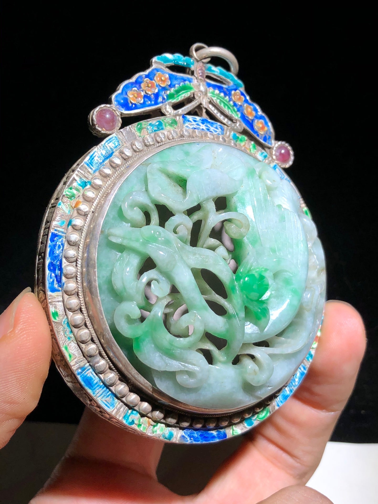 A0163 Openwork Vintage Chinese Pure Silver Enamel Inlay Green Jadeite Crane & Flower Pendant