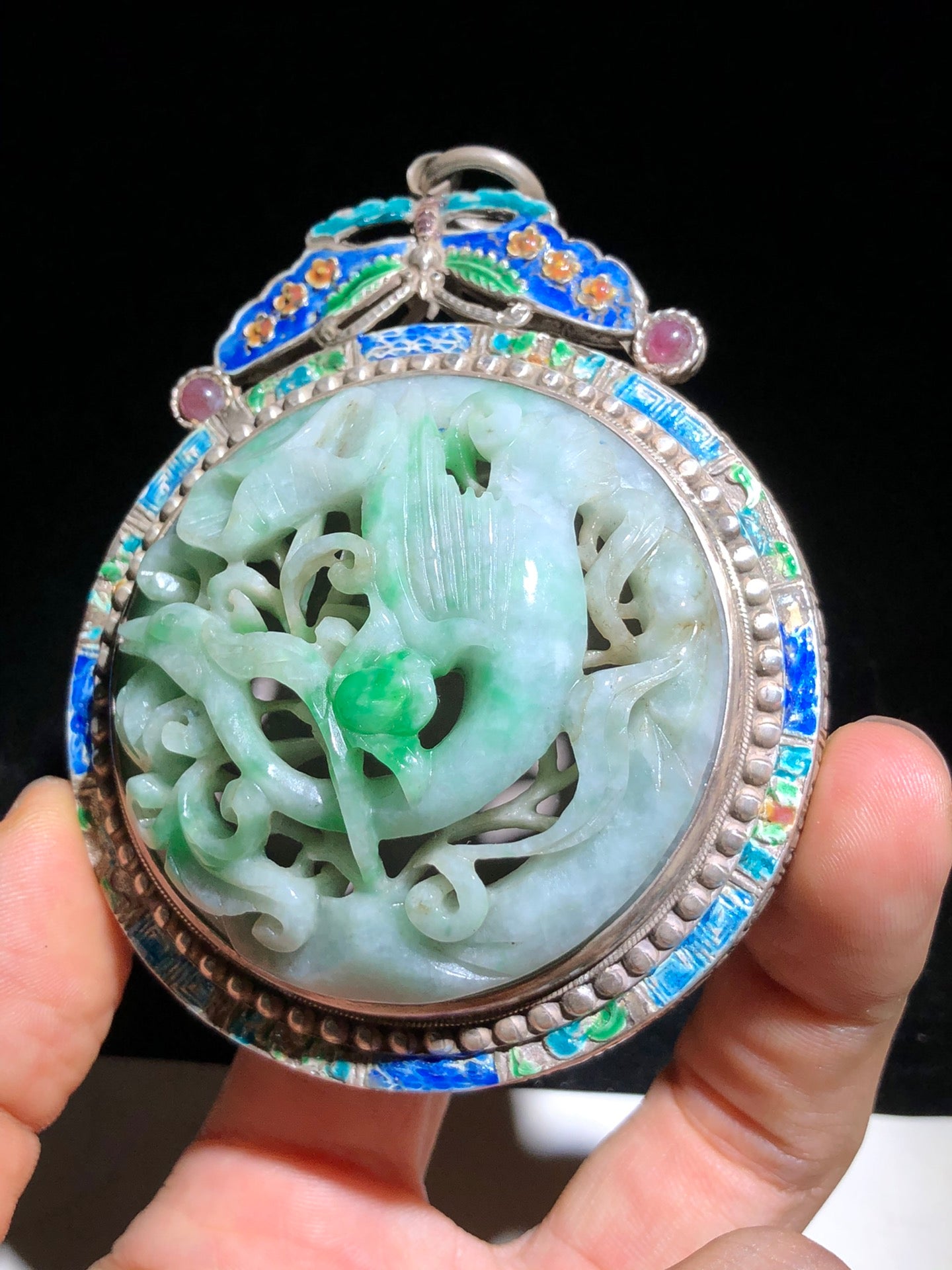 A0163 Openwork Vintage Chinese Pure Silver Enamel Inlay Green Jadeite Crane & Flower Pendant