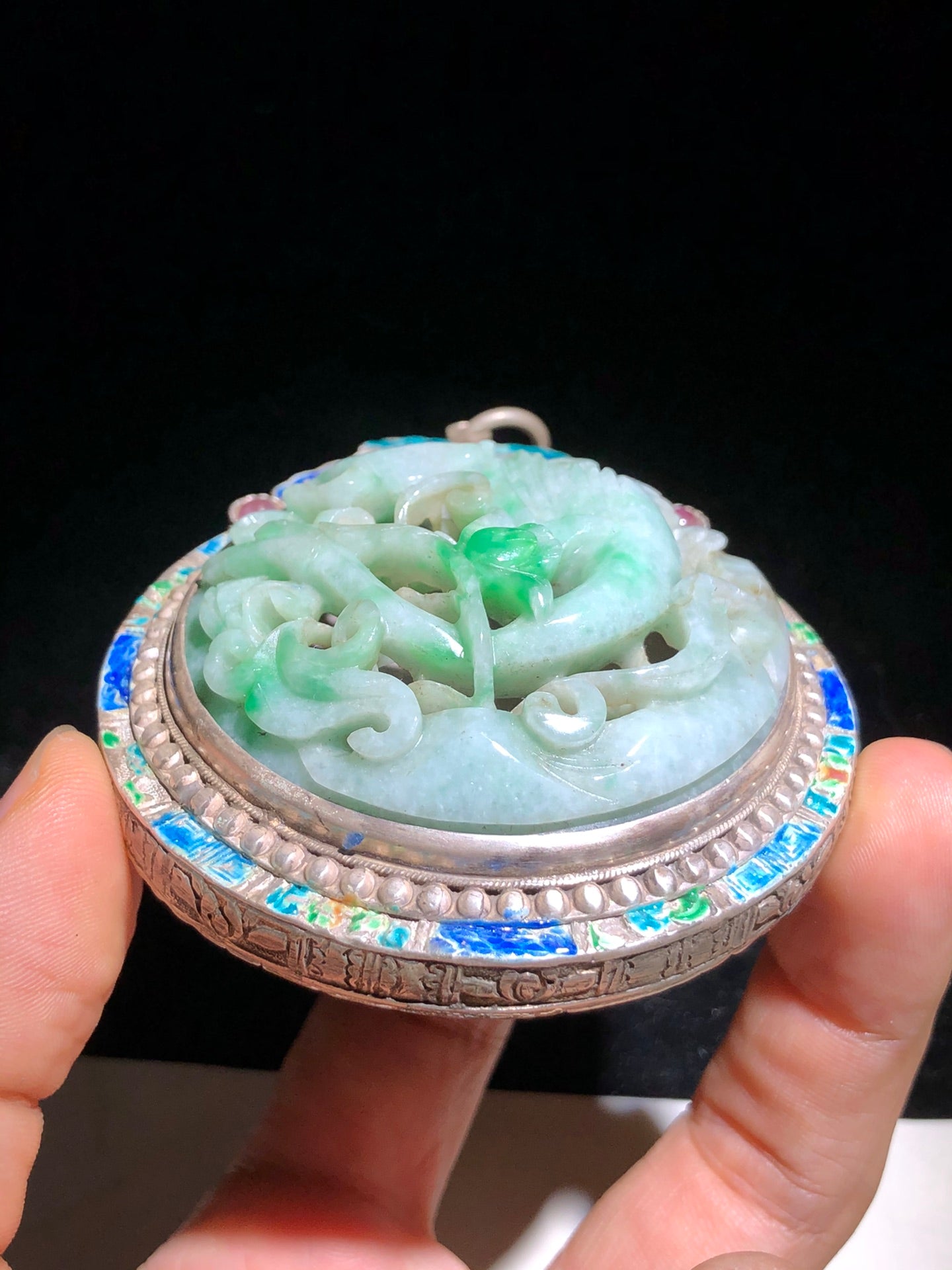 A0163 Openwork Vintage Chinese Pure Silver Enamel Inlay Green Jadeite Crane & Flower Pendant