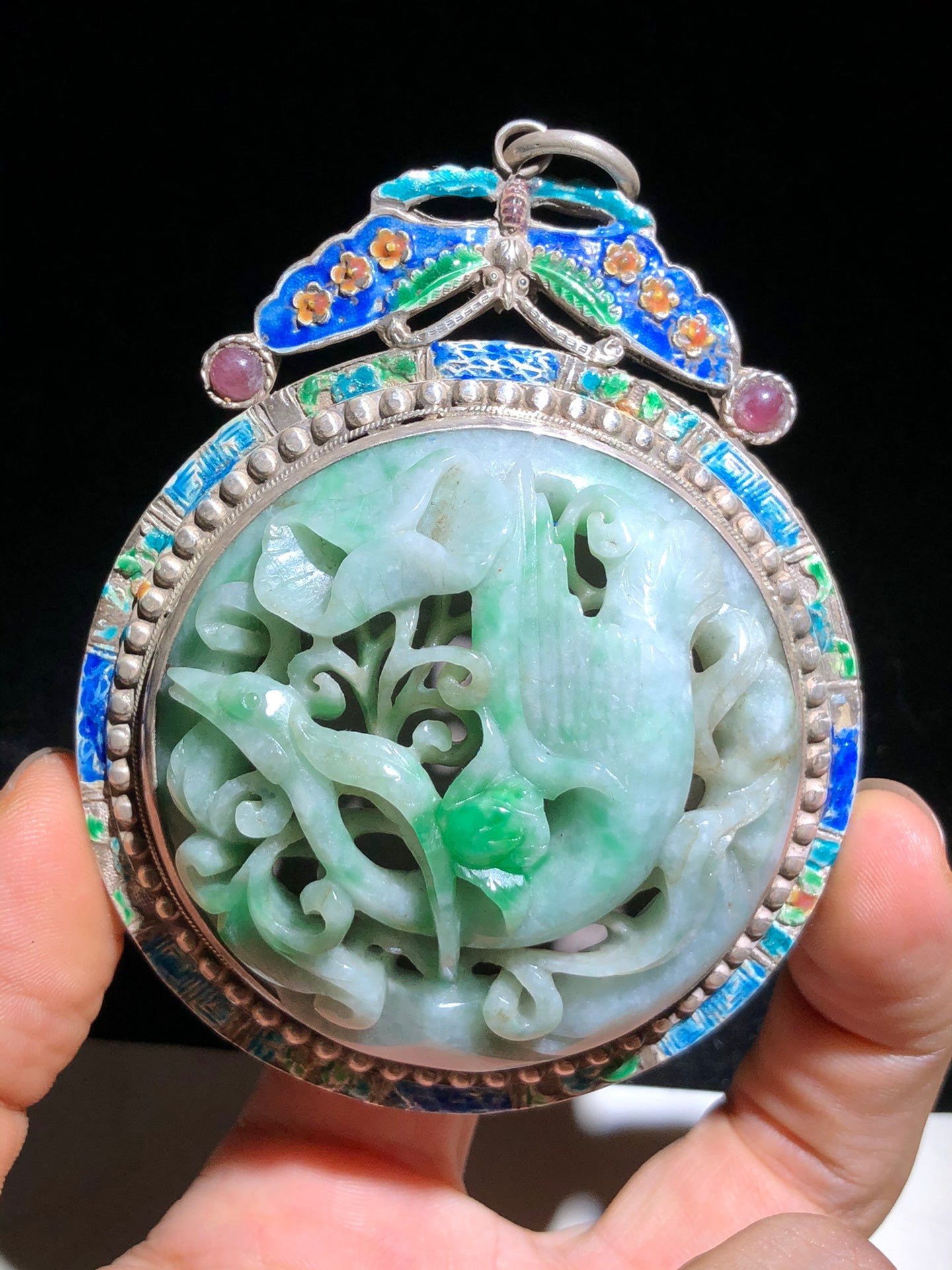 A0163 Openwork Vintage Chinese Pure Silver Enamel Inlay Green Jadeite Crane & Flower Pendant