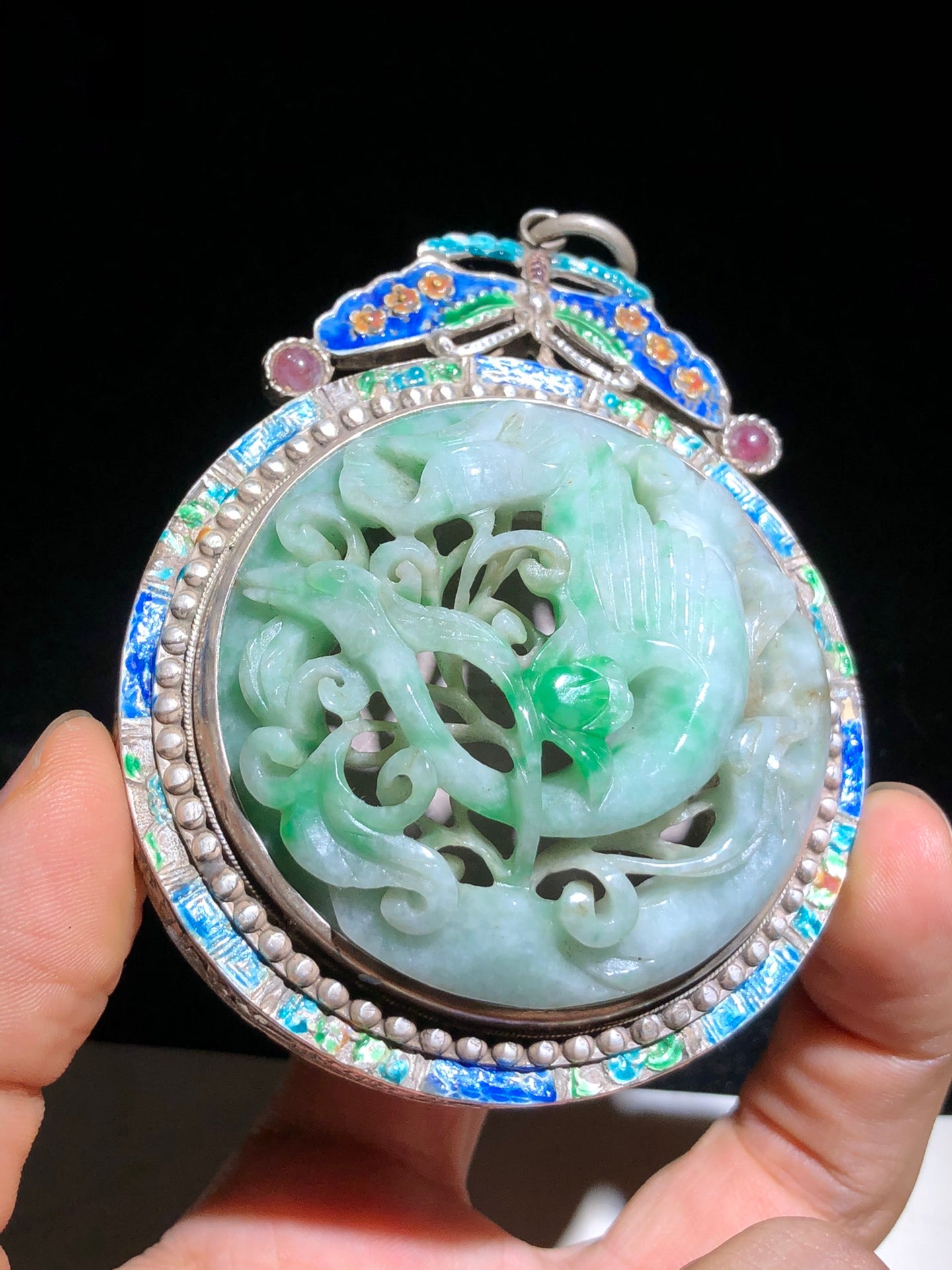 A0163 Openwork Vintage Chinese Pure Silver Enamel Inlay Green Jadeite Crane & Flower Pendant